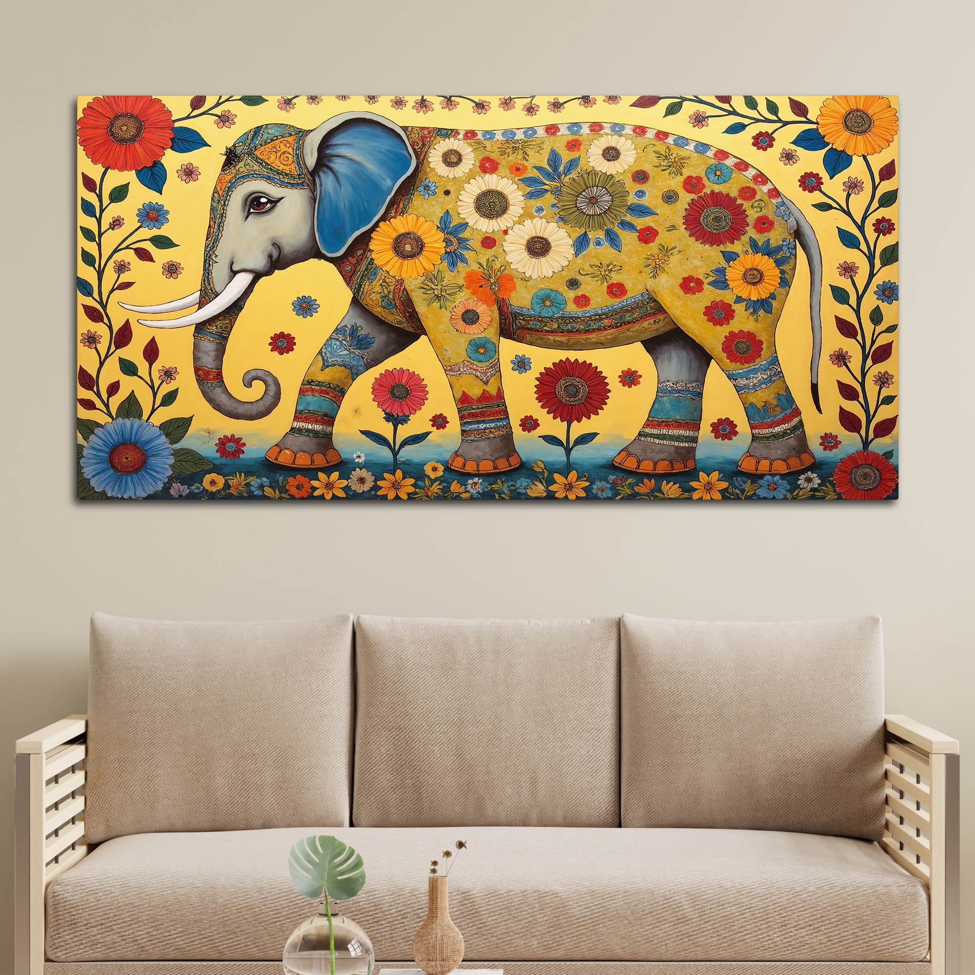 Decorative Madhubani Elephant Floral Canvas Wall Painting - Image 3