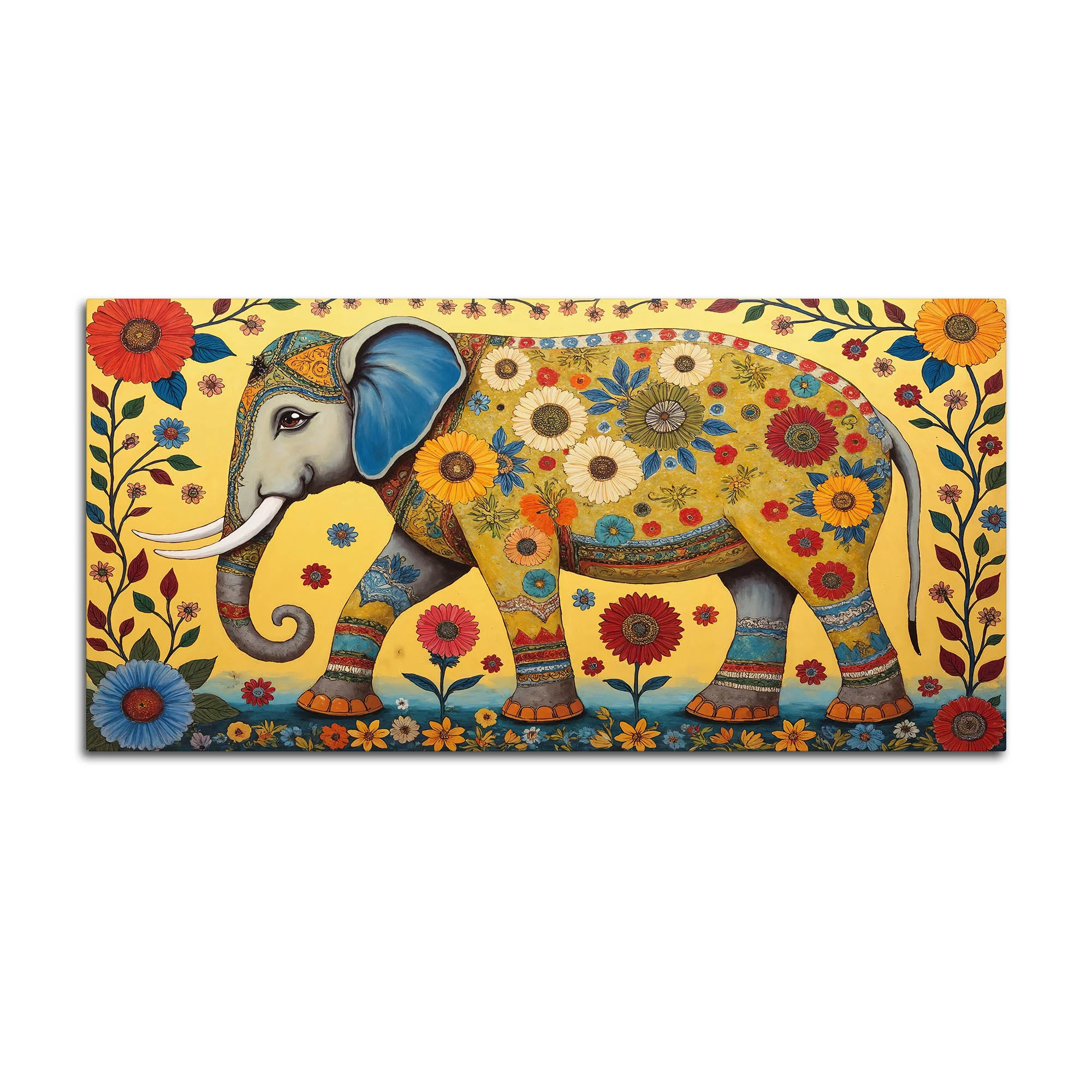 Decorative Madhubani Elephant Floral Canvas Wall Painting - Image 4