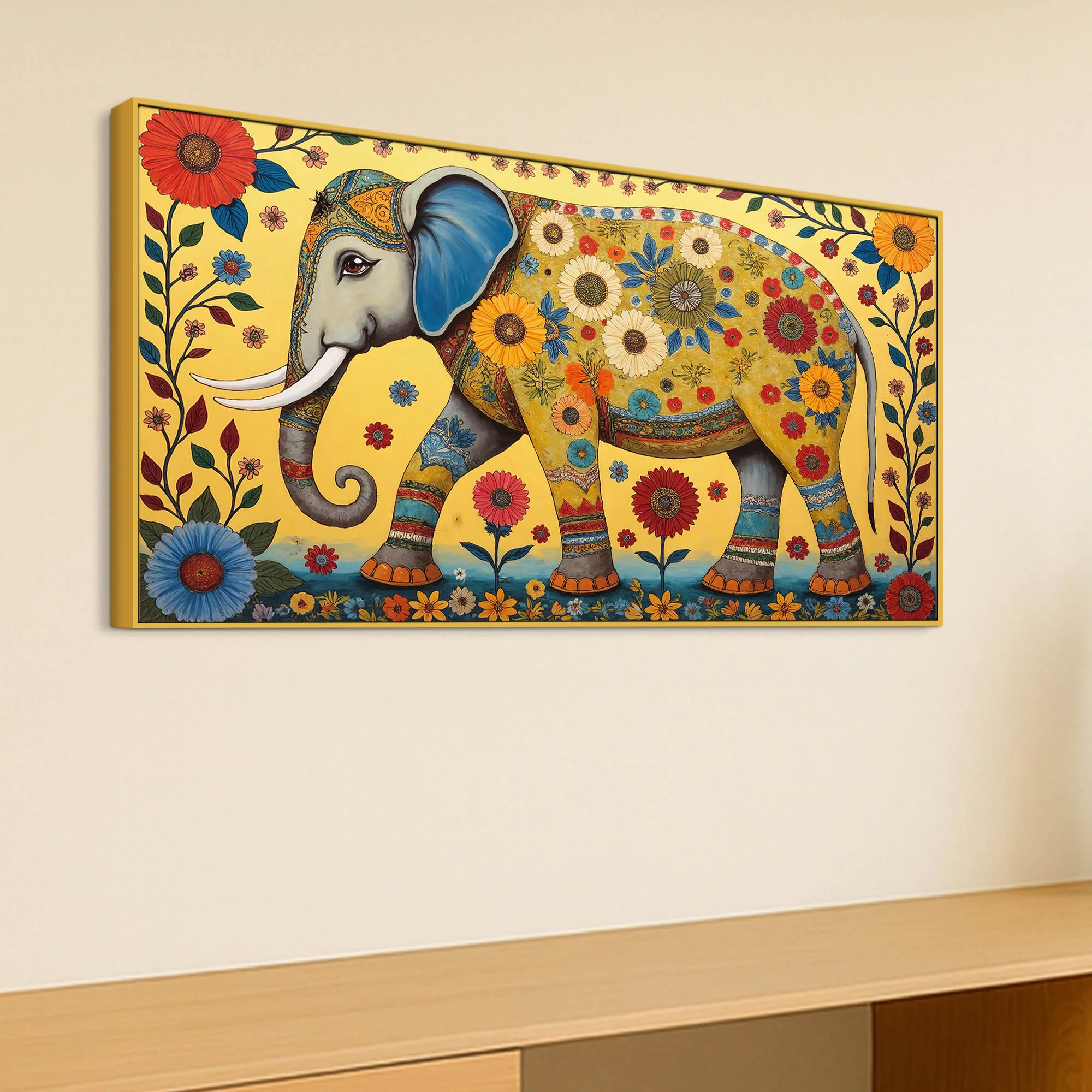 Decorative Madhubani Elephant Floral Canvas Wall Painting - Image 5