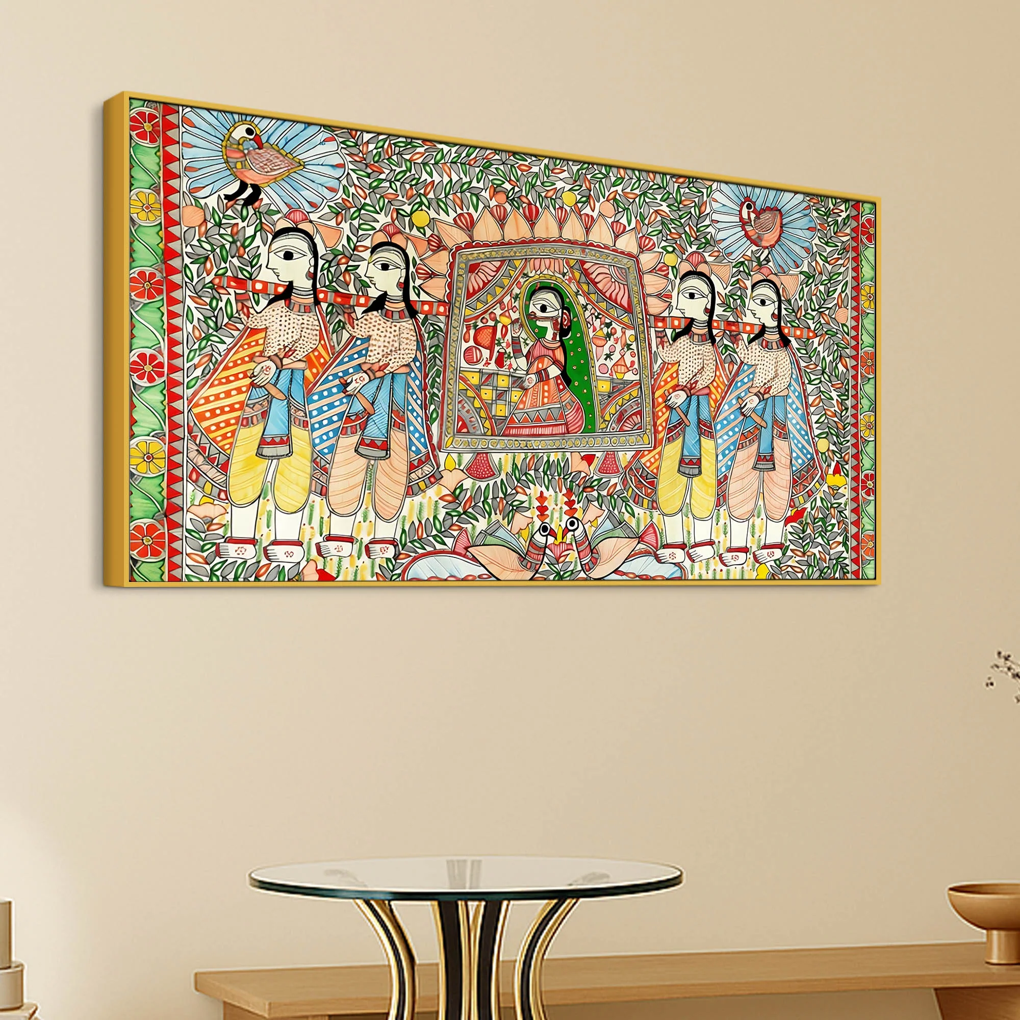 Decorative Madhubani Wedding Scene Canvas Wall Painting - Image 5