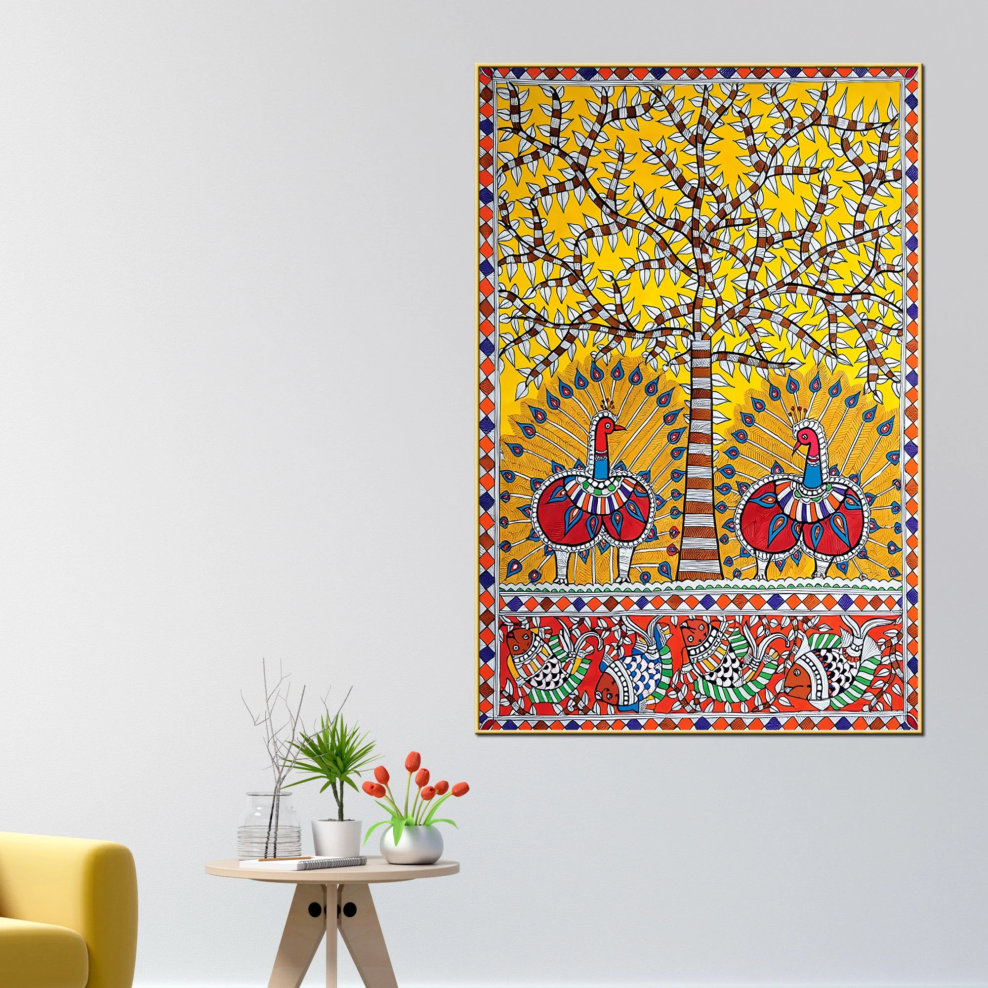 Decorative Peacock Canvas Painting Madhubani Wall Art for Home