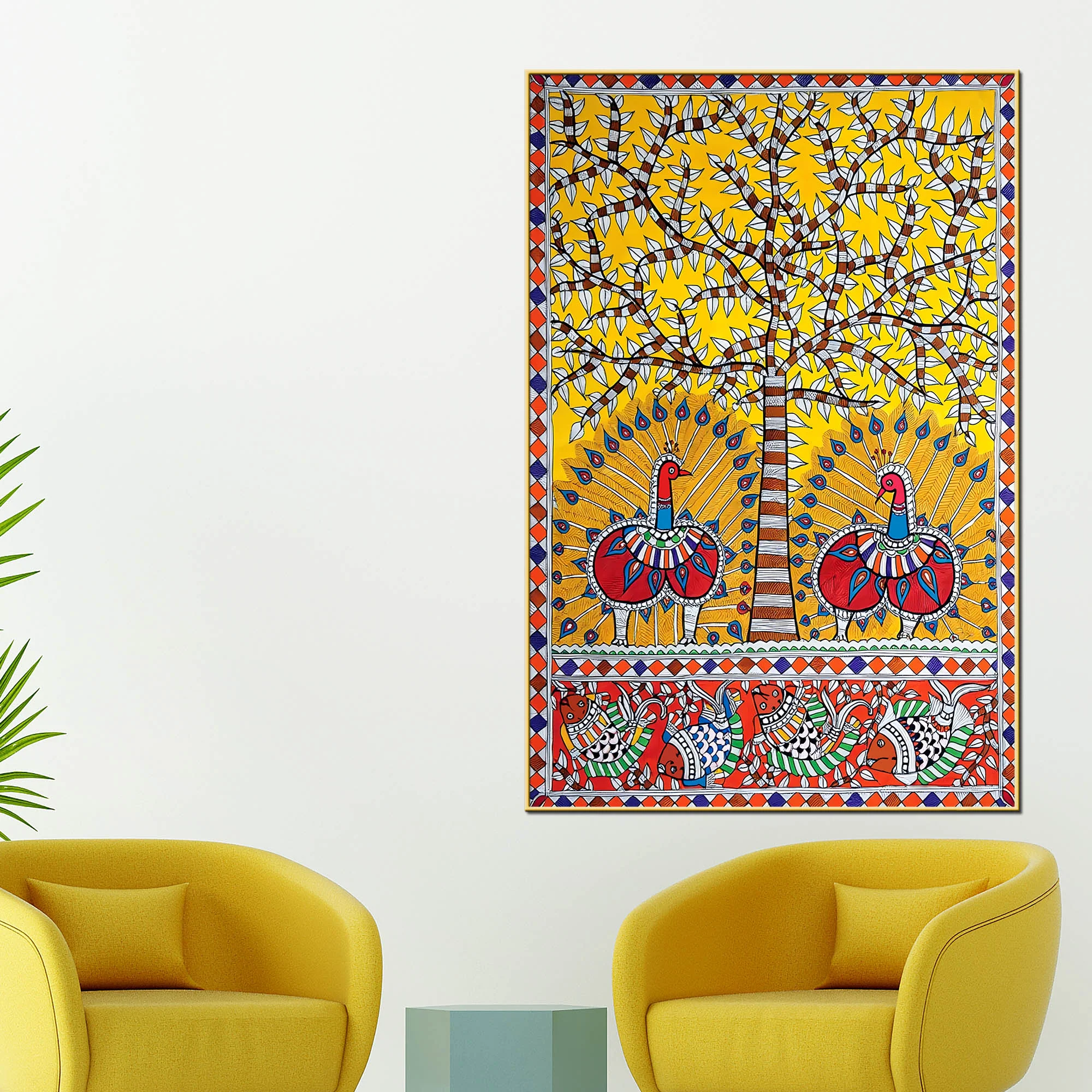 Decorative Peacock Canvas Painting Madhubani Wall Art for Home - Image 2