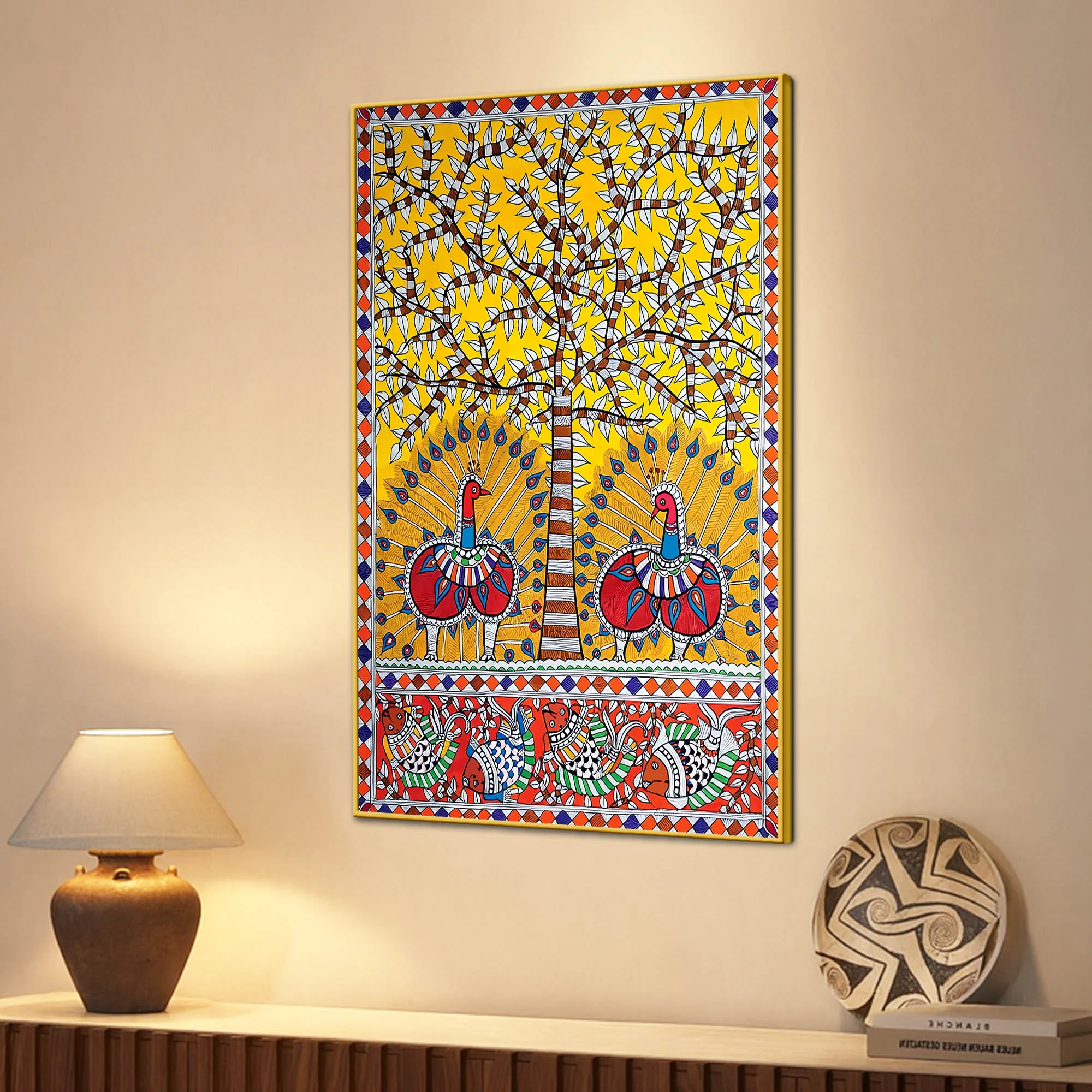 Decorative Peacock Canvas Painting Madhubani Wall Art for Home - Image 3