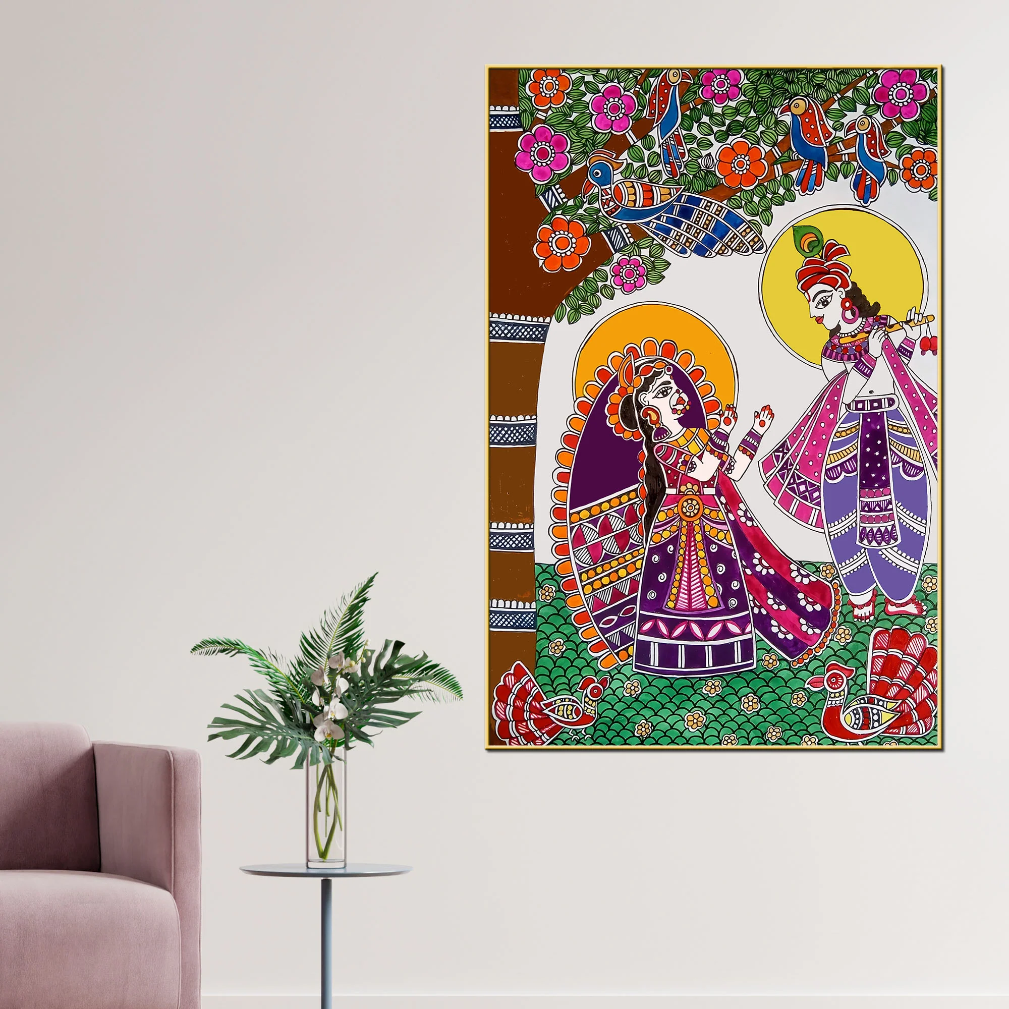 Decorative Radha Krishna Canvas Painting Madhubani Wall Art for Home