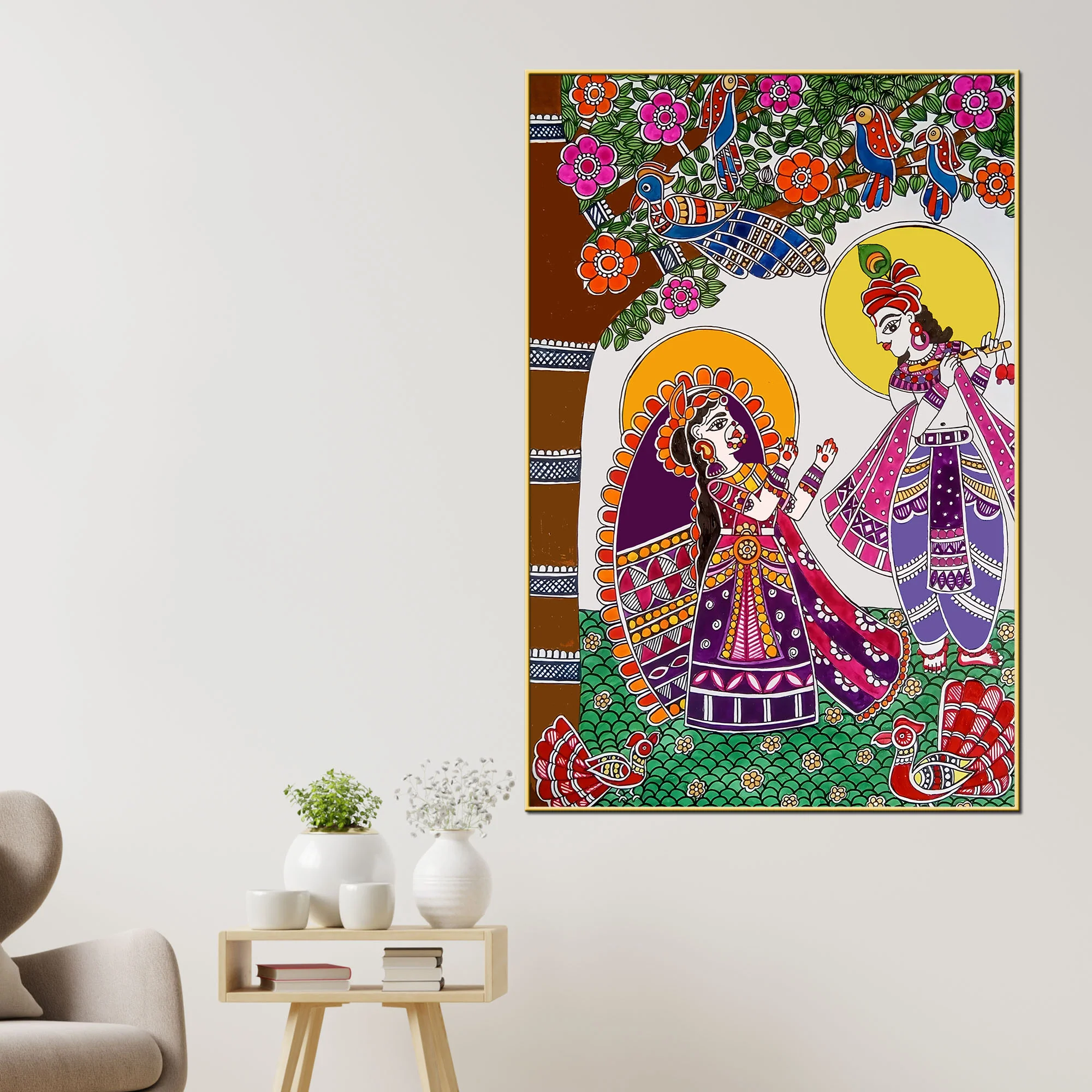 Decorative Radha Krishna Canvas Painting Madhubani Wall Art for Home - Image 2