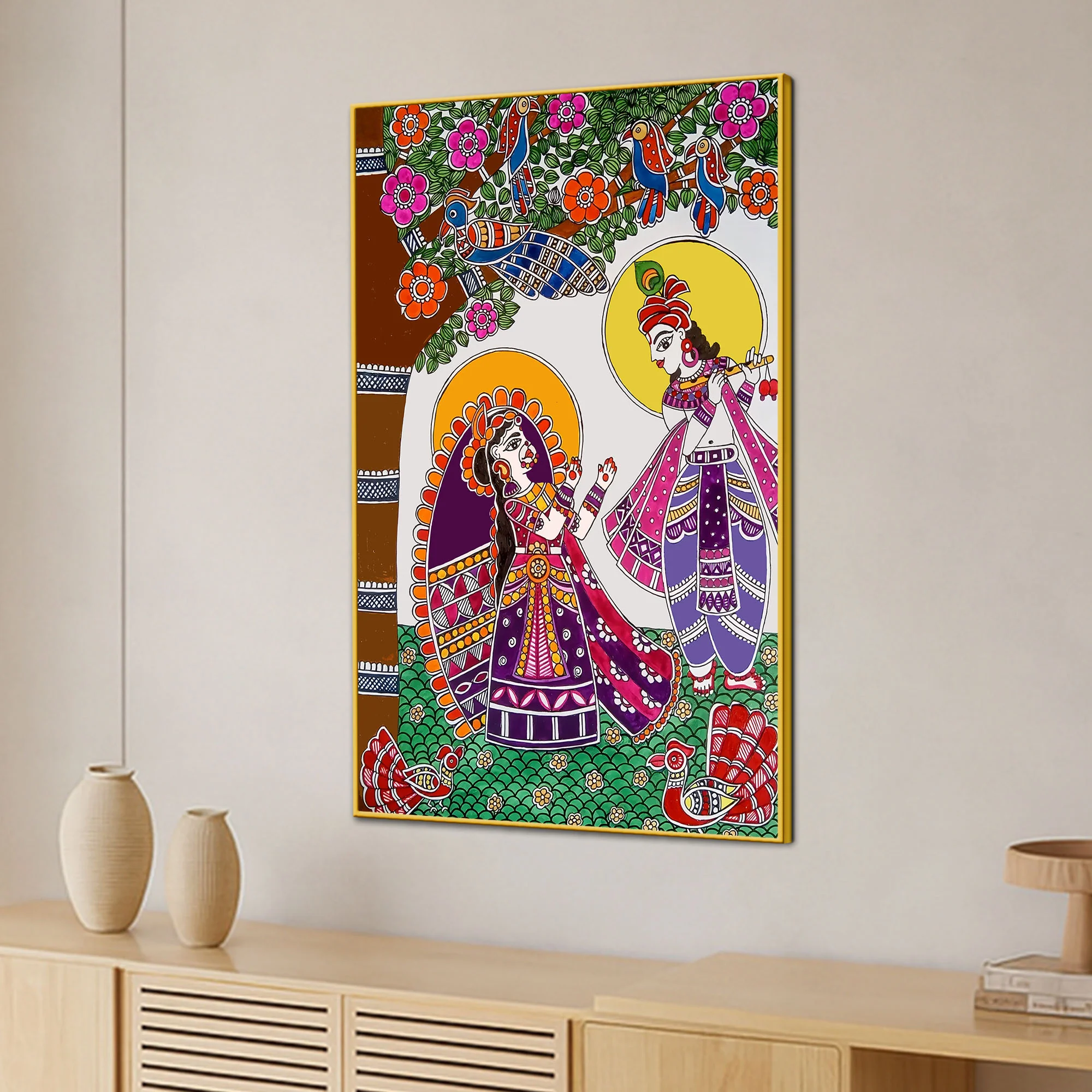 Decorative Radha Krishna Canvas Painting Madhubani Wall Art for Home - Image 3