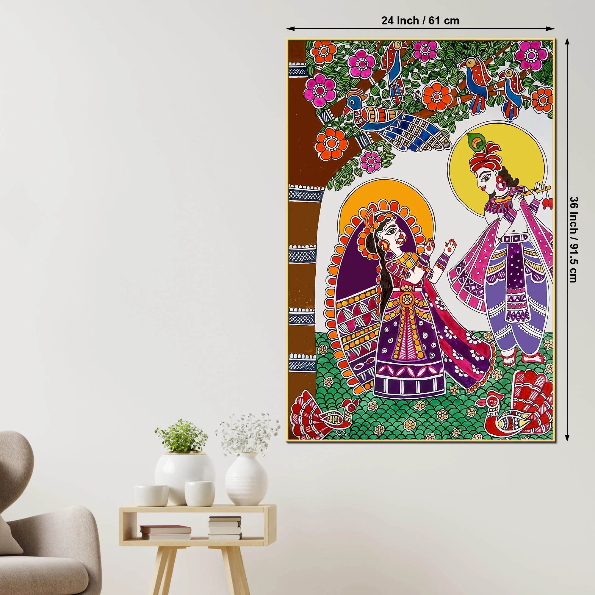 Decorative Radha Krishna Canvas Painting Madhubani Wall Art for Home - Image 5