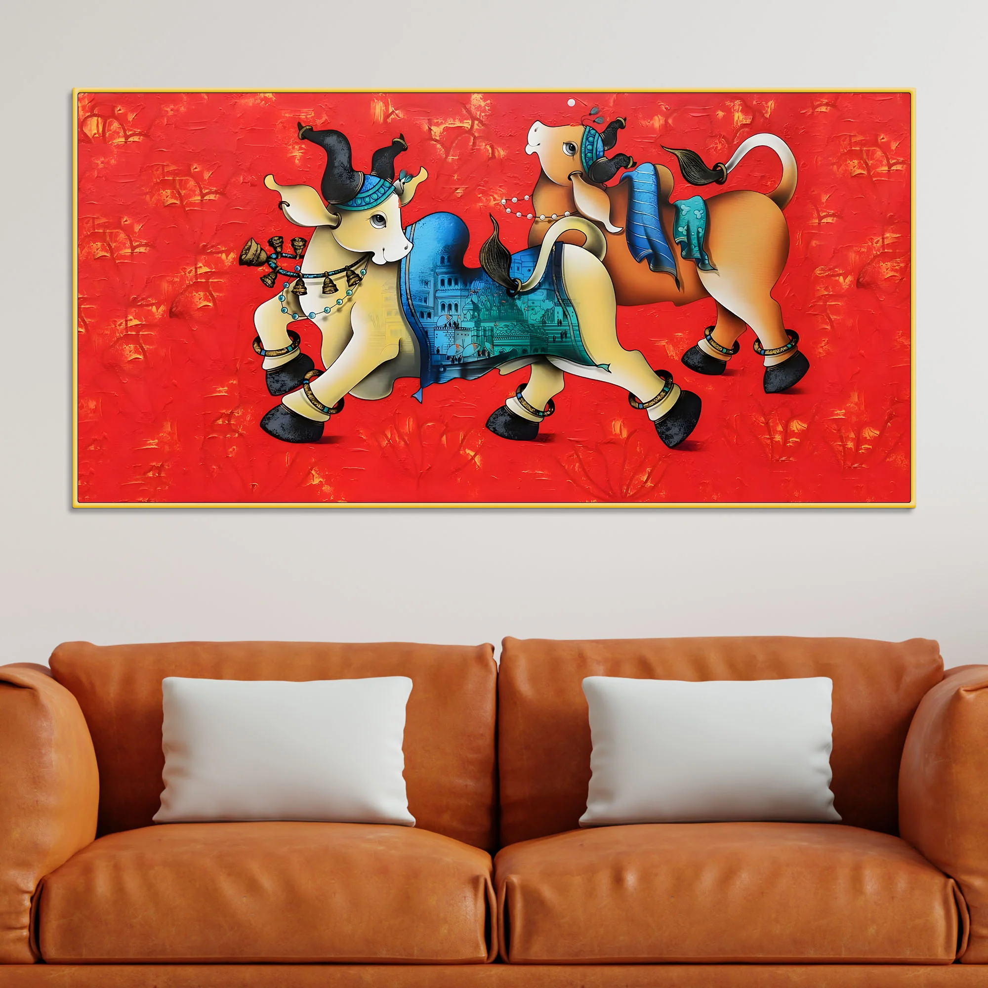 Decorative Sacred Cow Canvas Painting – Modern Indian Art