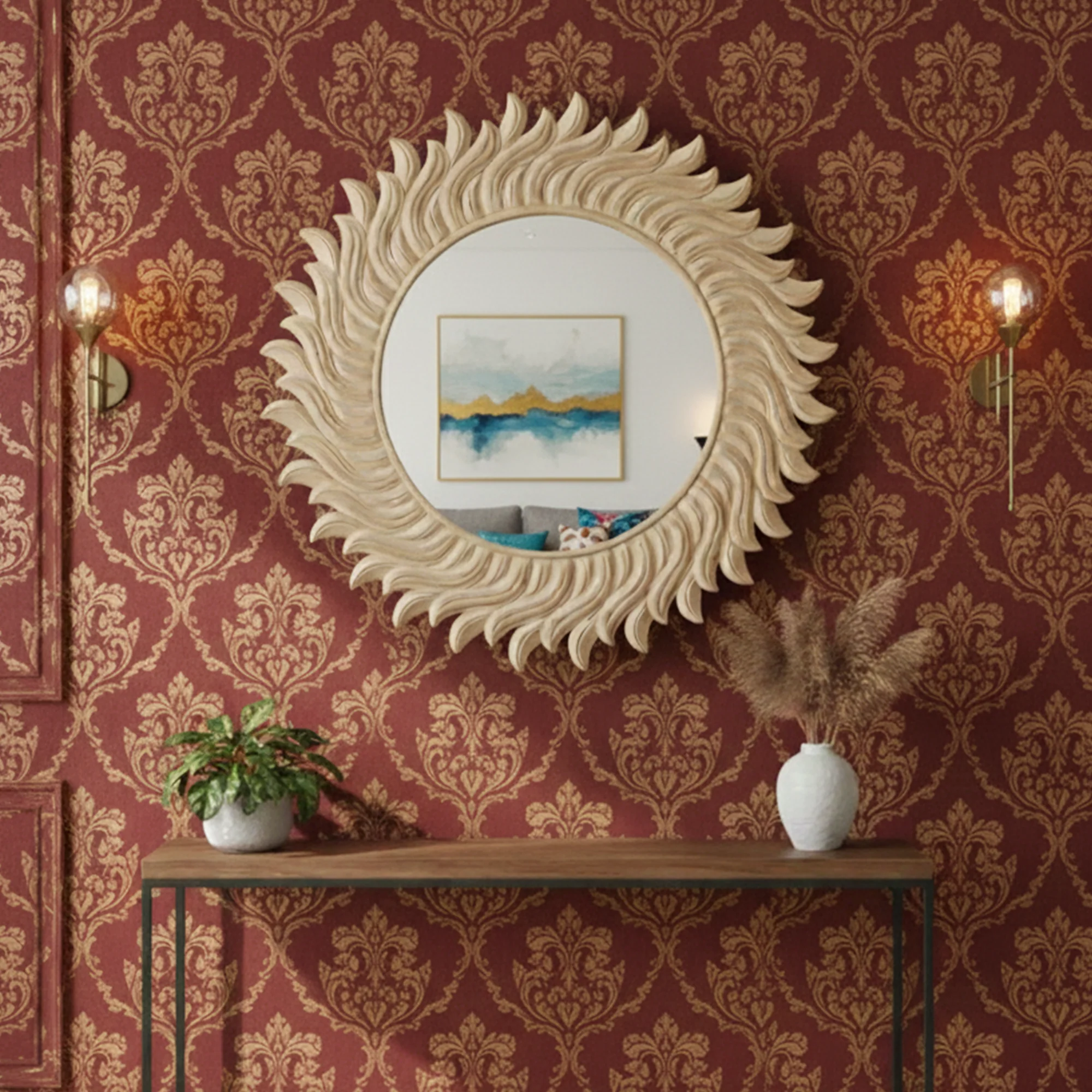 Decorative Sun Shaped Round 3D Wall Mirror for Home & Office – Hand-Carved Sunburst Designer Wall Mirror - Image 3
