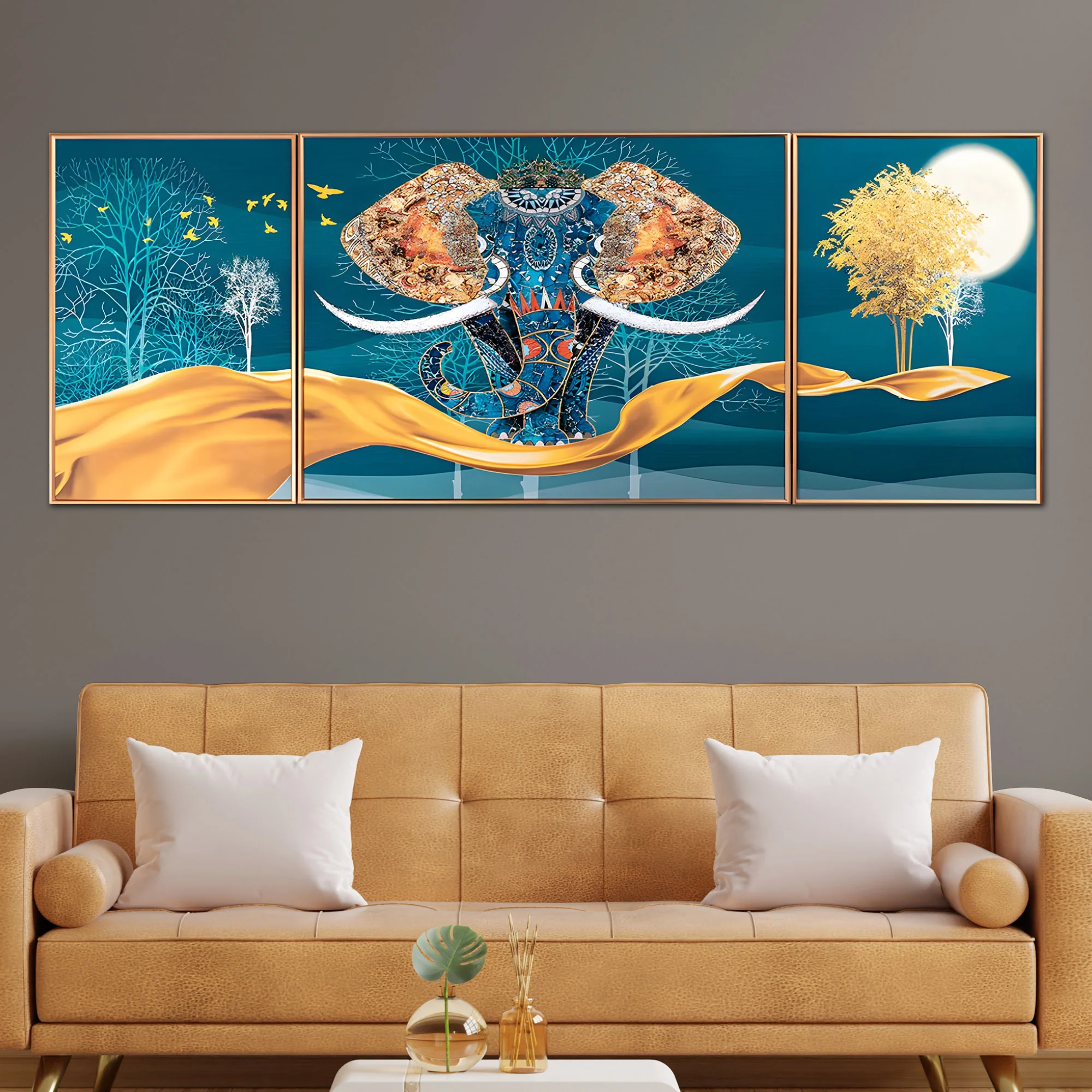 Decorative Udaipur Elephant Crystal Glass Painting Set of 3 - Image 2