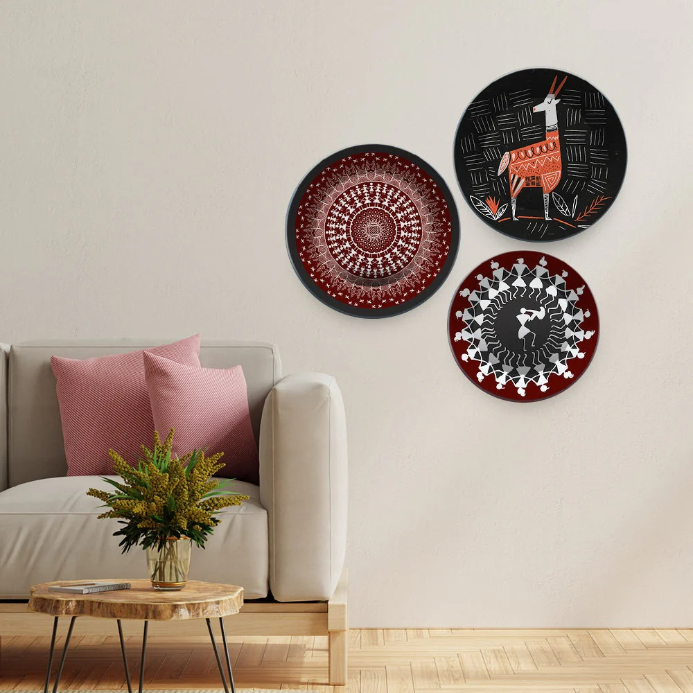 Decorative Wall Plates Painting 3 Pieces of Indian Warli Art - Image 3