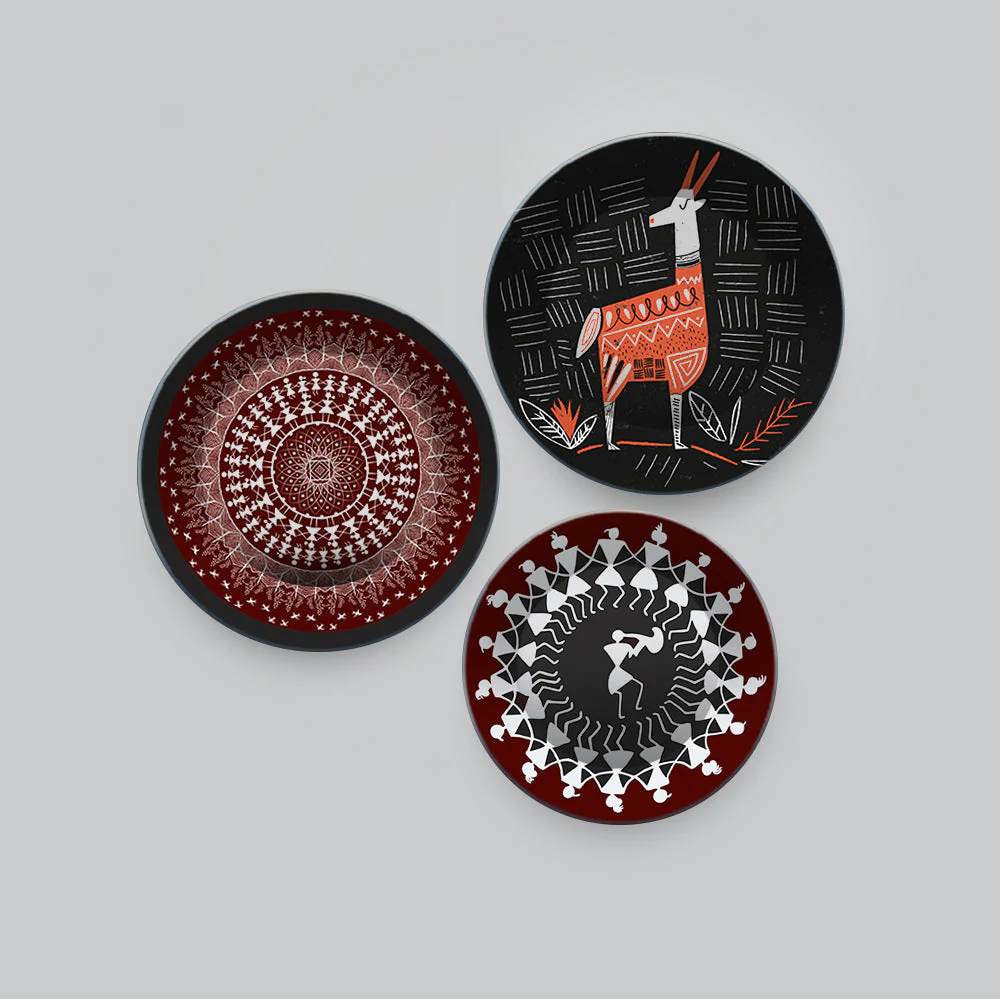 Decorative Wall Plates Painting 3 Pieces of Indian Warli Art - Image 4