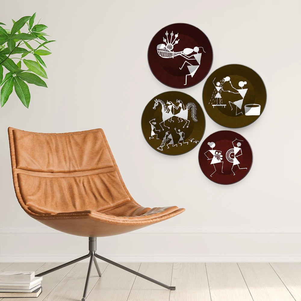 Decorative Wall Plates Painting 4 Pieces of Indian Warli Art - Image 2