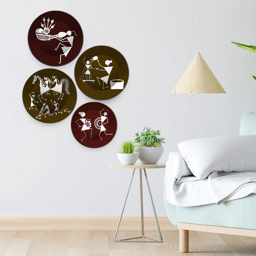 Decorative Wall Plates Painting 4 Pieces of Indian Warli Art - Image 3