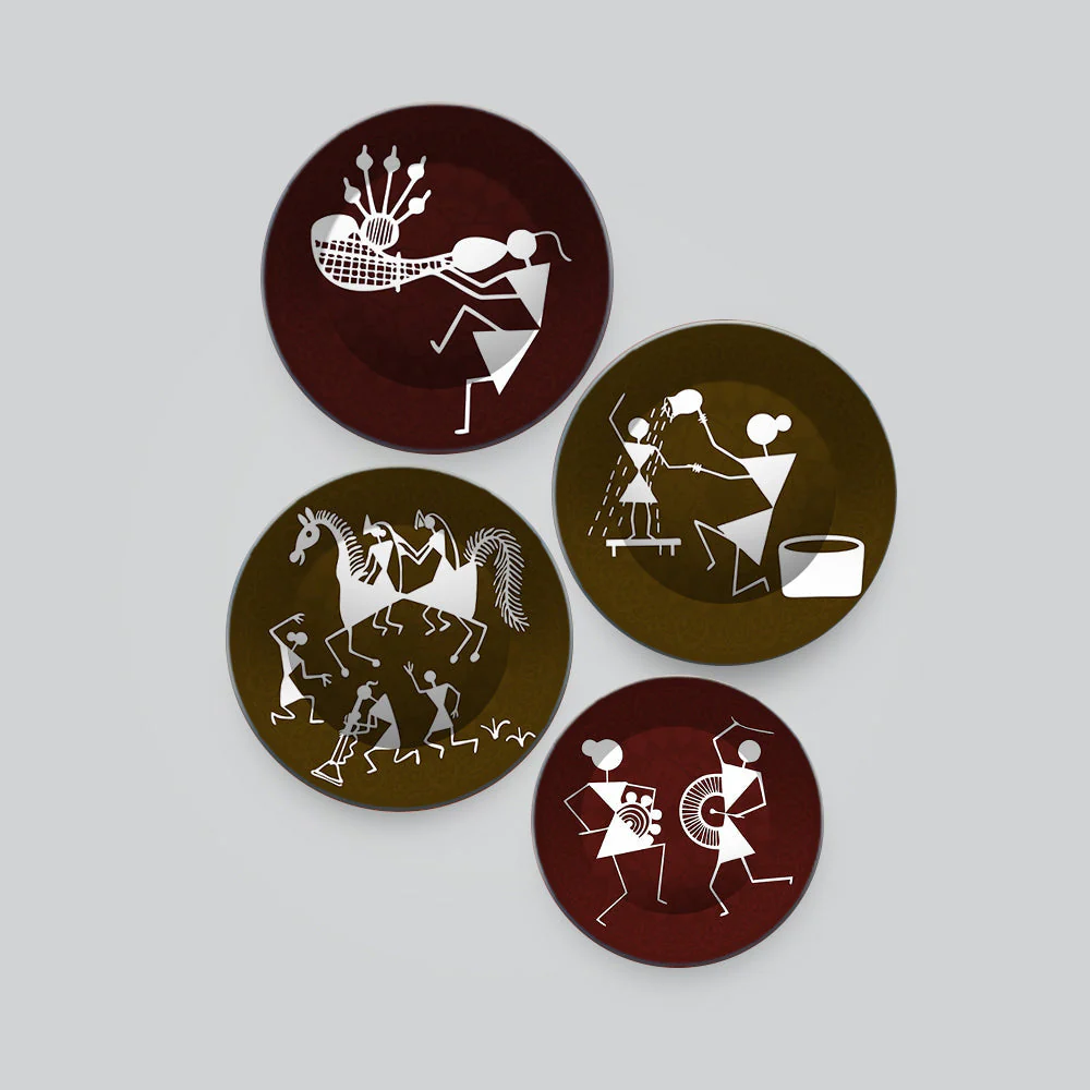 Decorative Wall Plates Painting 4 Pieces of Indian Warli Art - Image 4