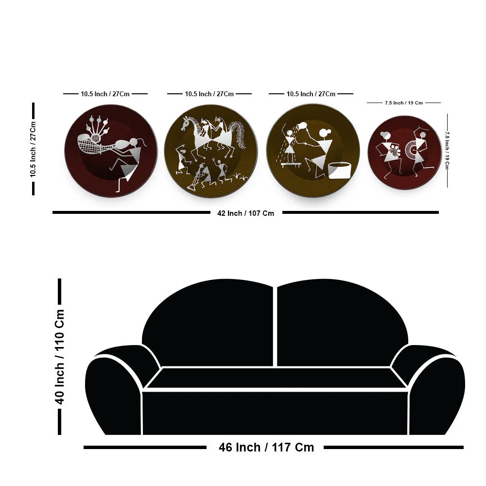 Decorative Wall Plates Painting 4 Pieces of Indian Warli Art - Image 6