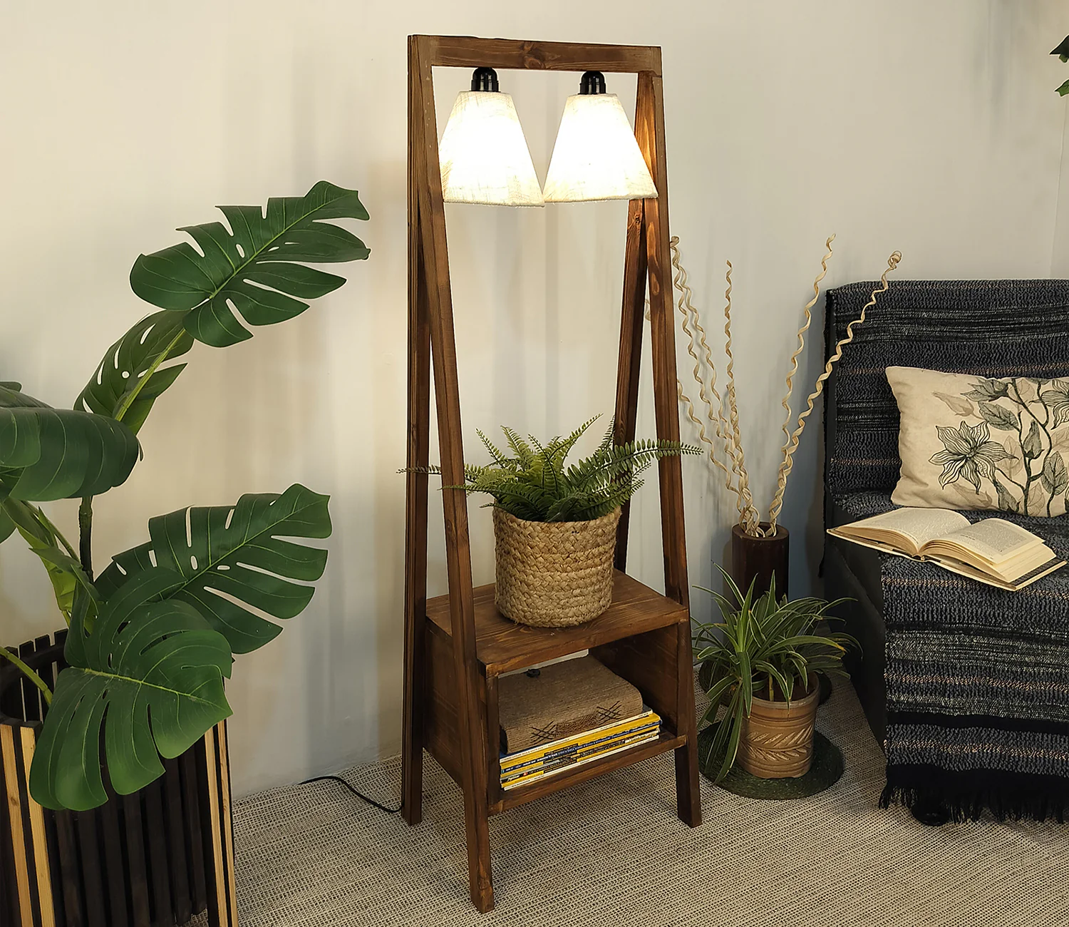 Decorative Wooden Floor Lamp with Brown Base and Jute Fabric Lampshade - Image 2