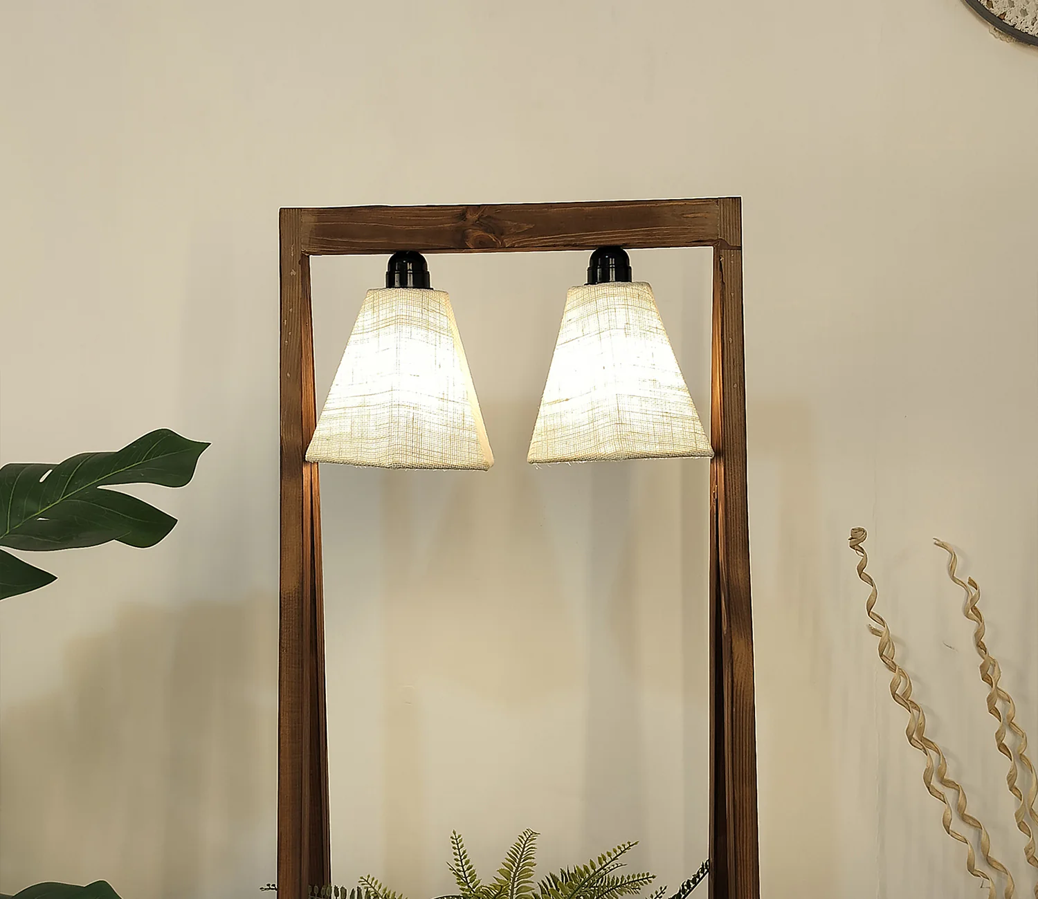 Decorative Wooden Floor Lamp with Brown Base and Jute Fabric Lampshade - Image 3