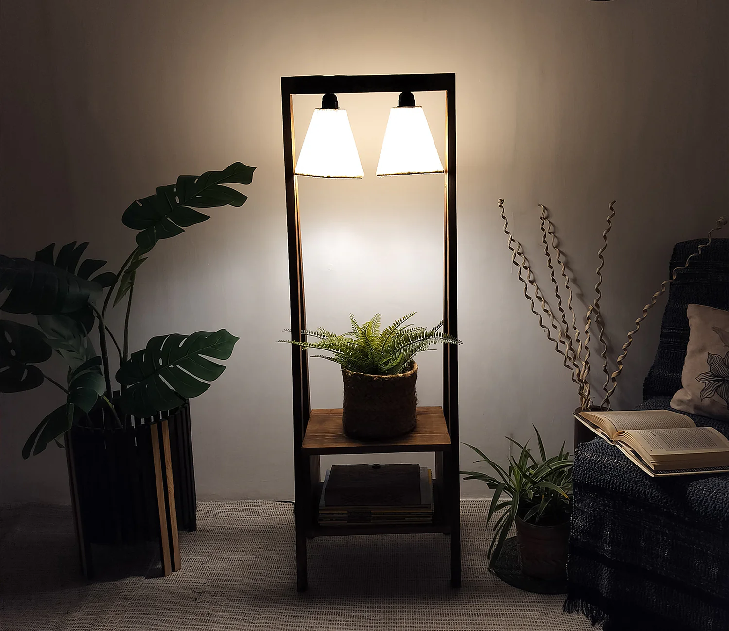 Decorative Wooden Floor Lamp with Brown Base and Jute Fabric Lampshade - Image 5