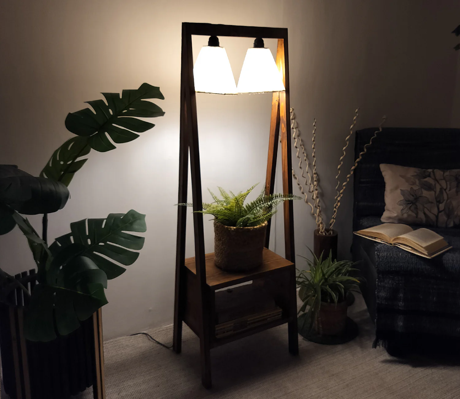 Decorative Wooden Floor Lamp with Brown Base and Jute Fabric Lampshade - Image 6