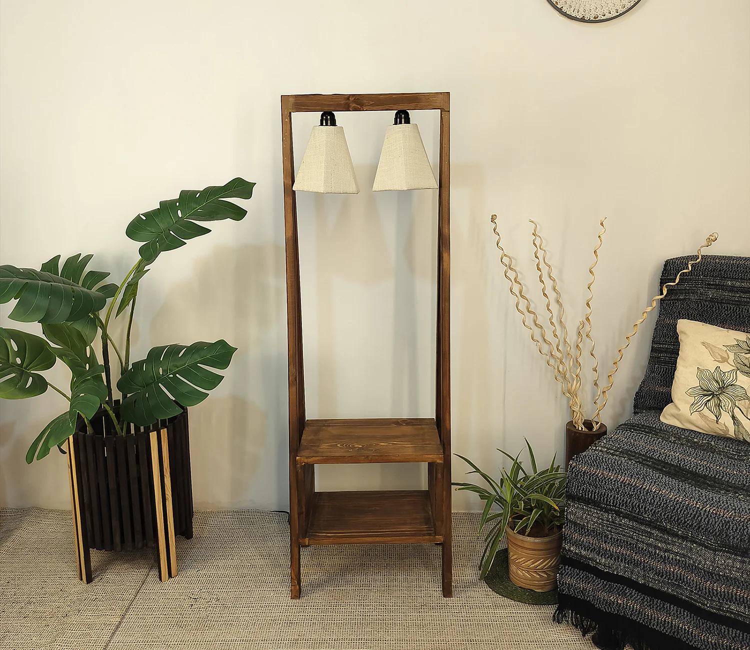 Decorative Wooden Floor Lamp with Brown Base and Jute Fabric Lampshade - Image 8