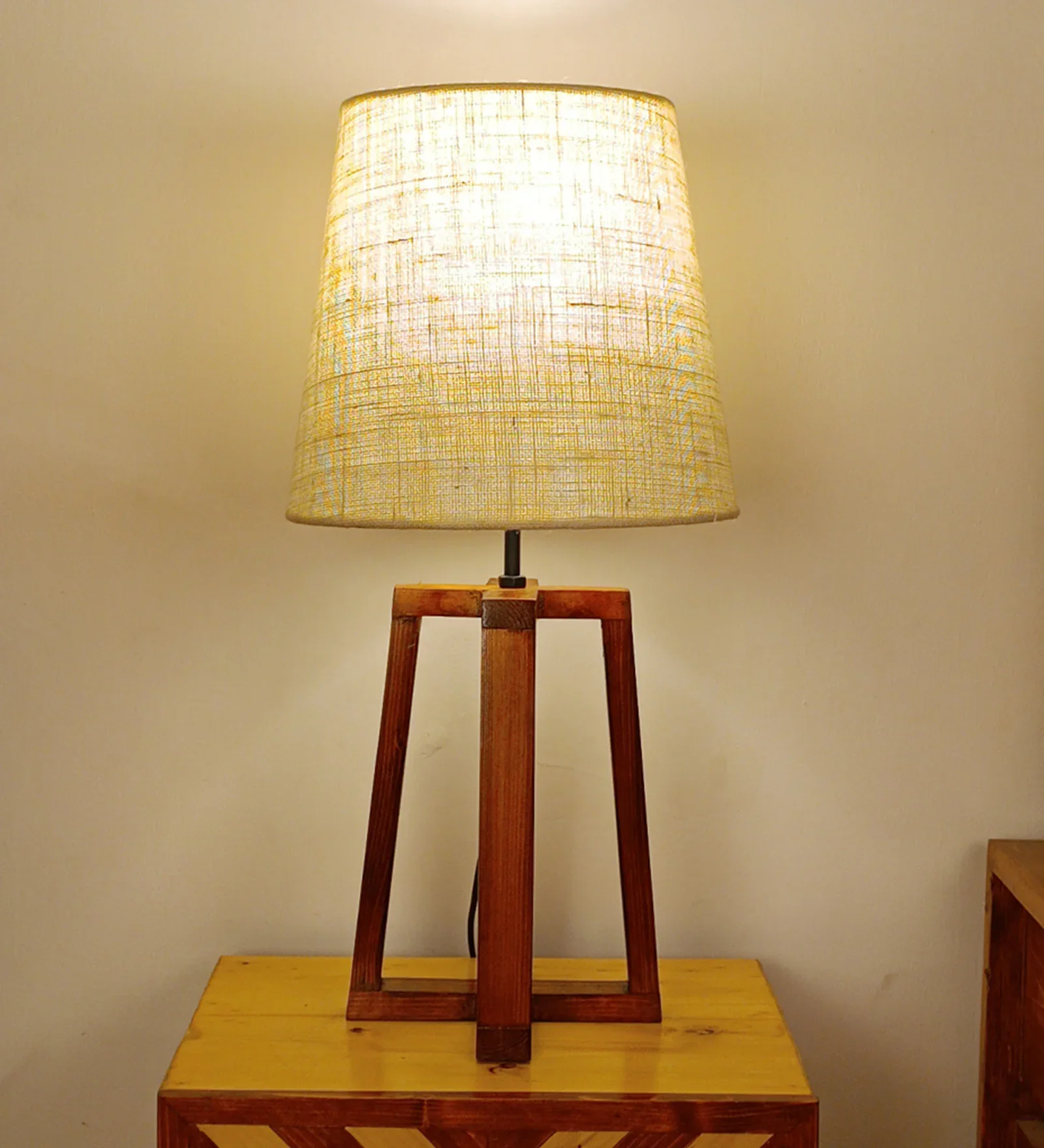Decorative Wooden Table Lamp with Jute Shade & Brown Base