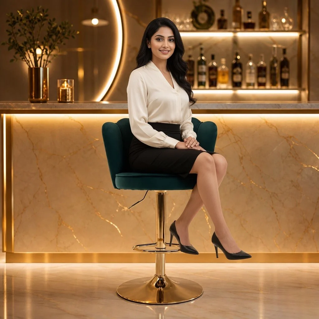 Deep Green Velvet Lounge Bar Stools with Glamorous Golden Frame - Image 2