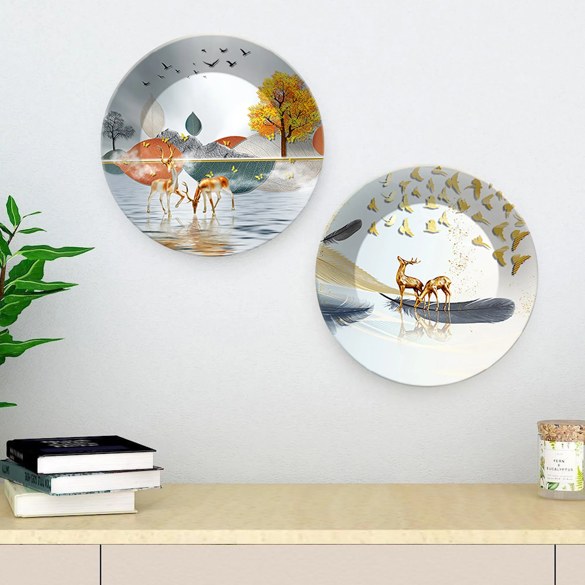 Deer at Lake Ceramic Wall Hanging Plates of Two Pieces - Image 2