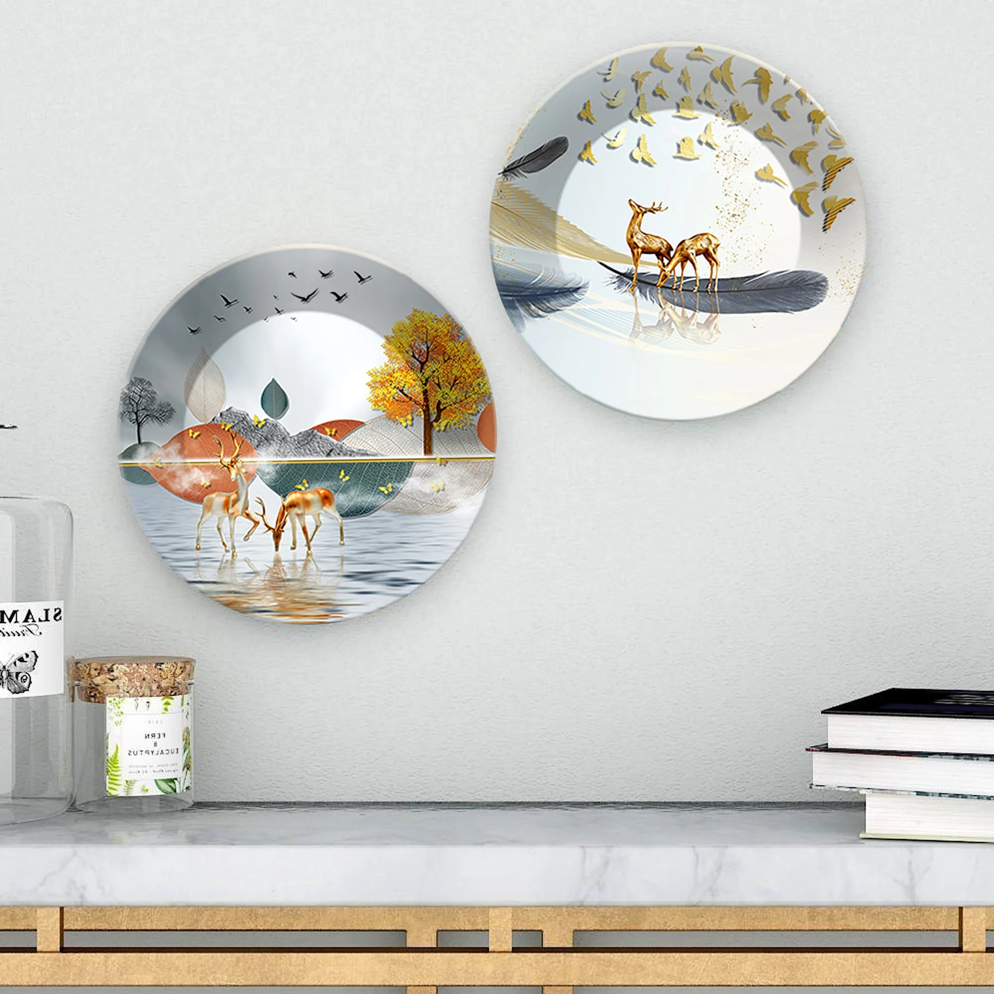 Deer at Lake Ceramic Wall Hanging Plates of Two Pieces - Image 3