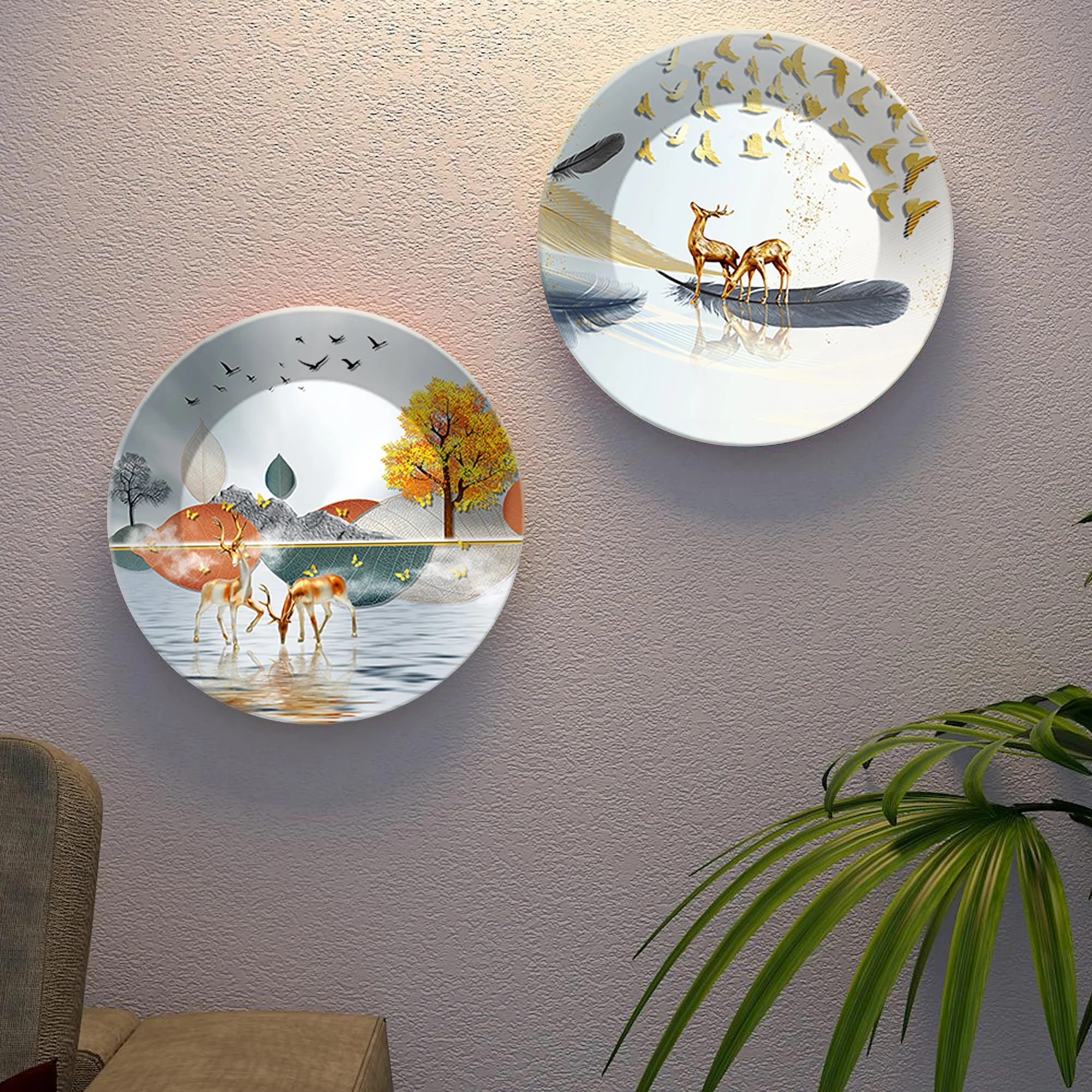 Deer at Lake Ceramic Wall Hanging Plates of Two Pieces - Image 4