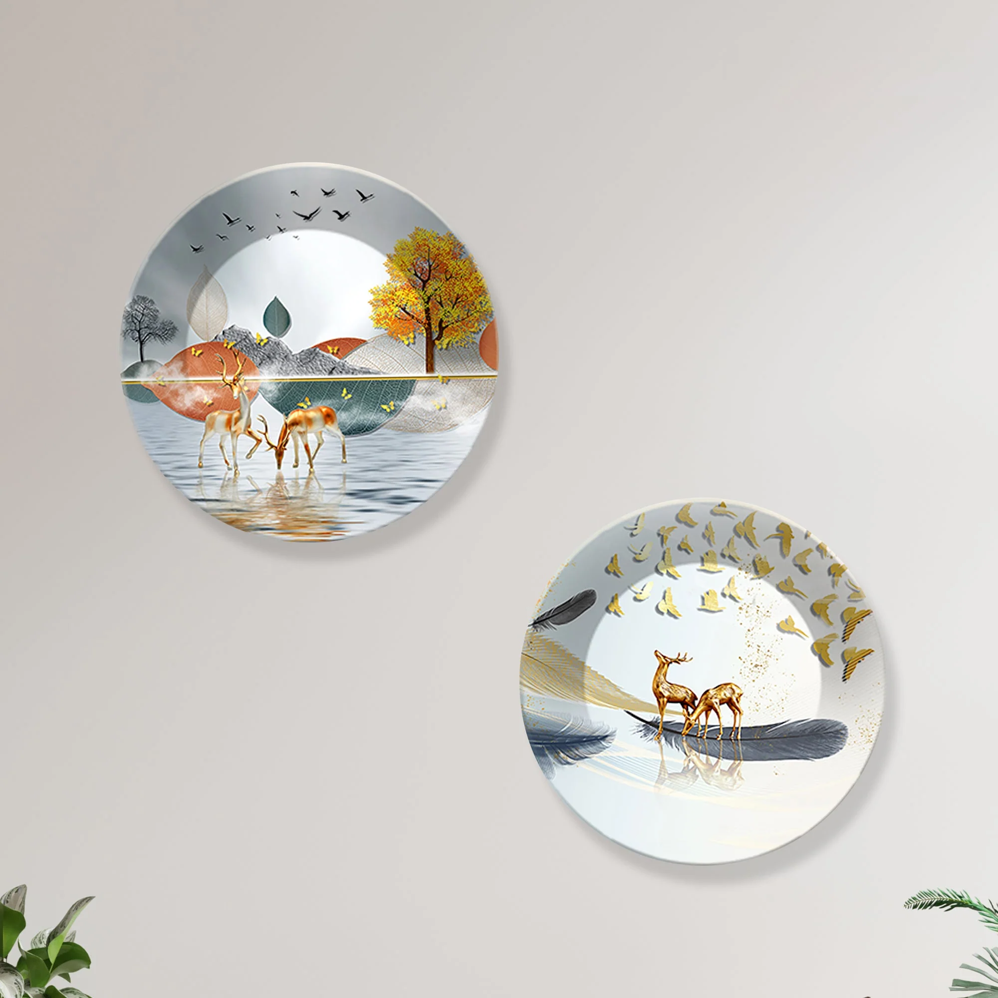 Deer at Lake Ceramic Wall Hanging Plates of Two Pieces - Image 6