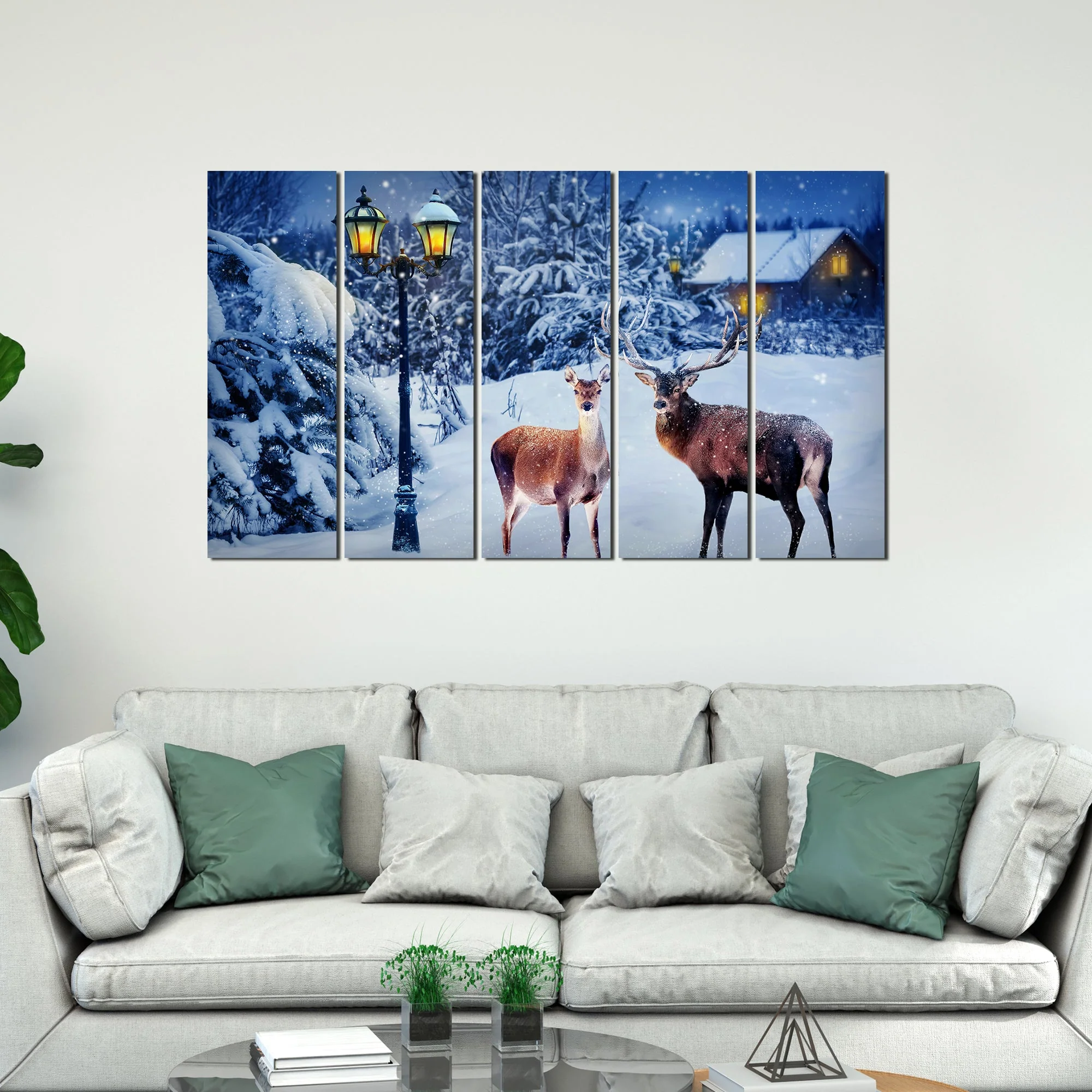 Deer in Snowy Forest Canvas Wall Painting Set of Five - Image 2