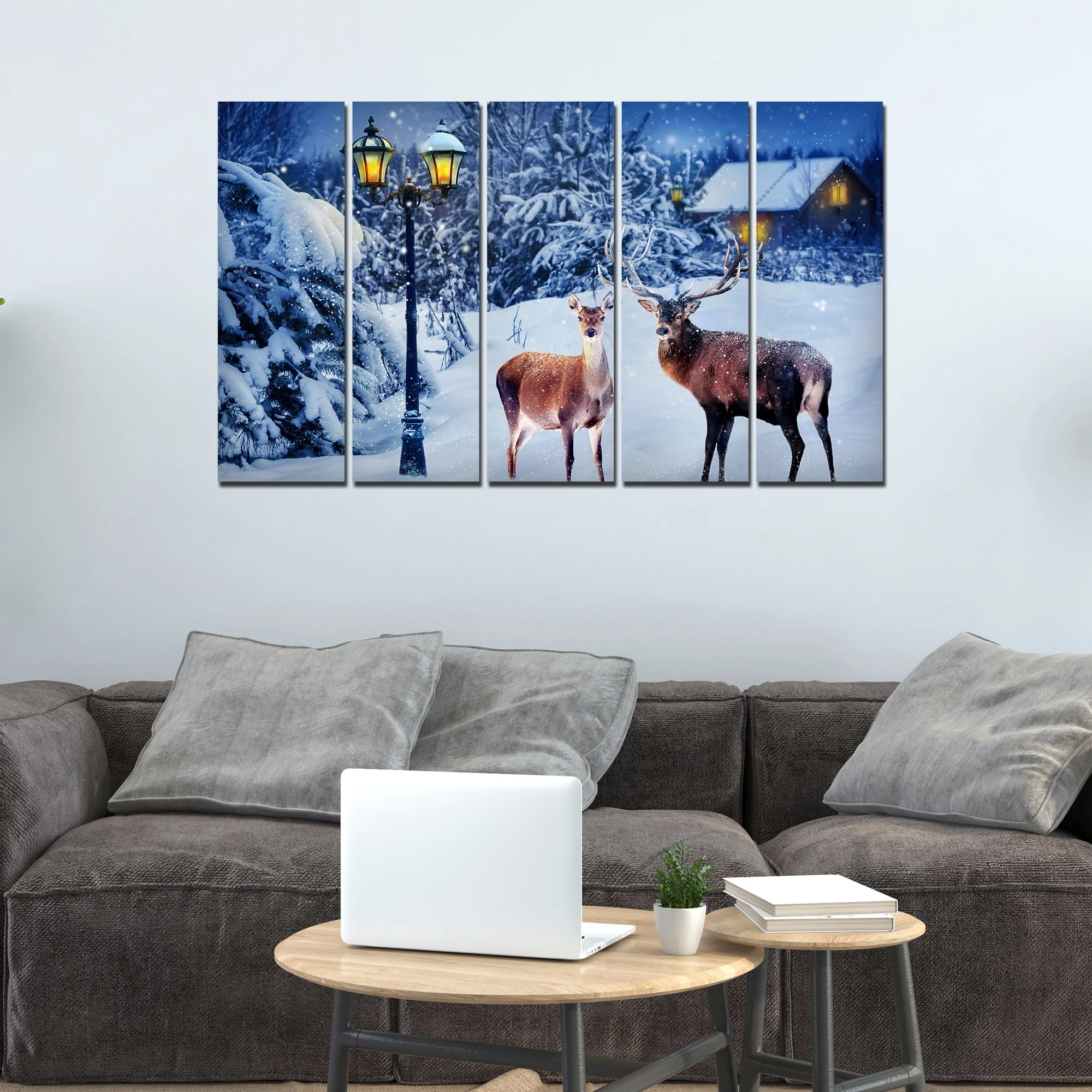 Deer in Snowy Forest Canvas Wall Painting Set of Five - Image 3