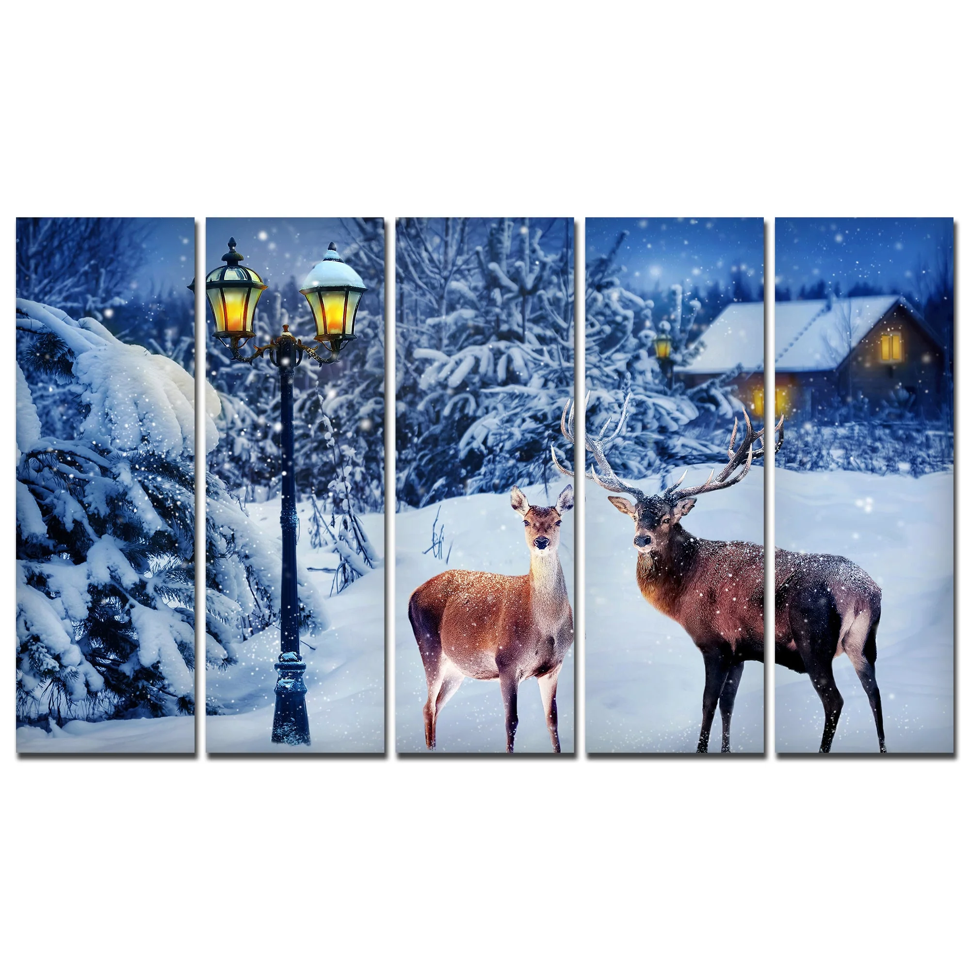 Deer in Snowy Forest Canvas Wall Painting Set of Five - Image 4