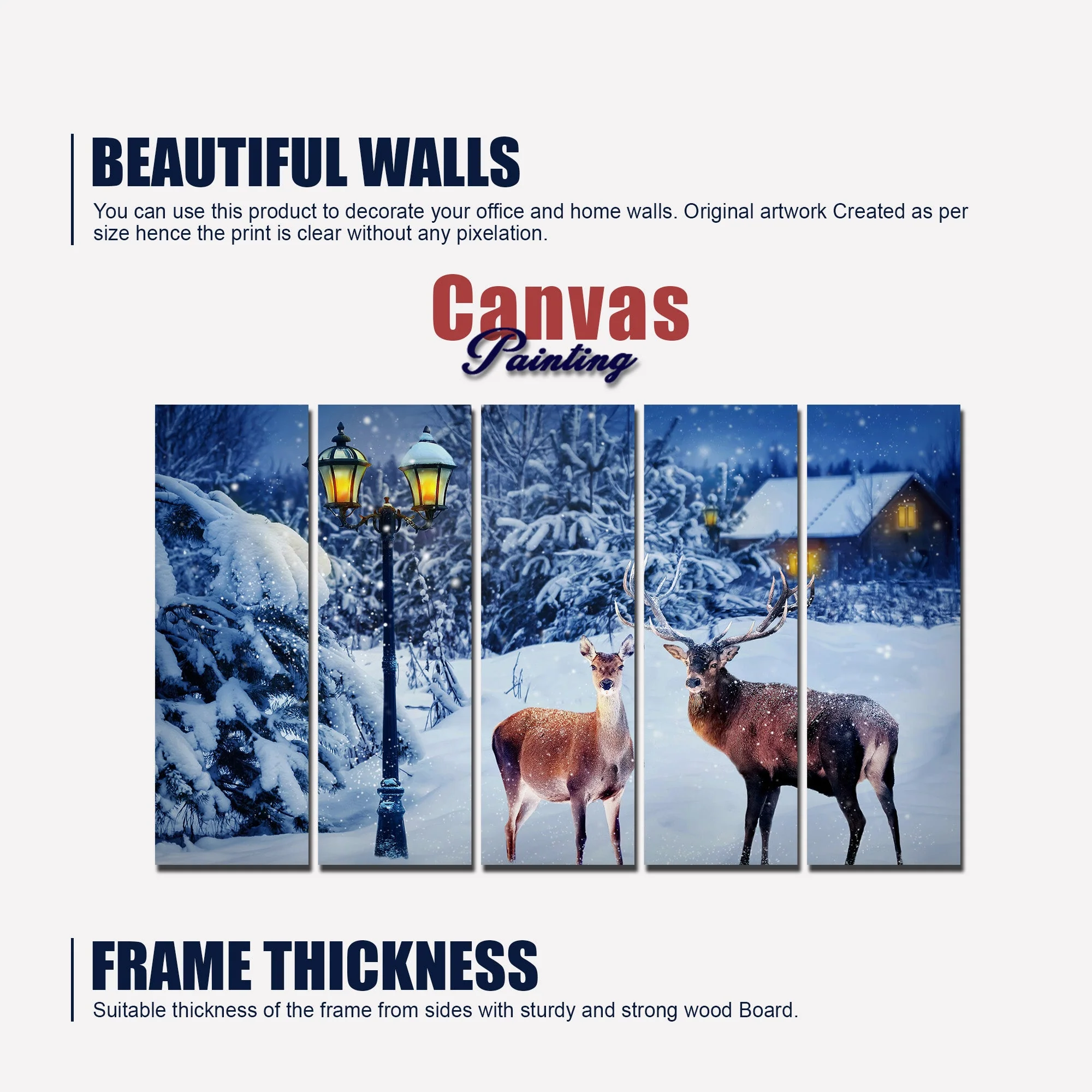 Deer in Snowy Forest Canvas Wall Painting Set of Five - Image 5