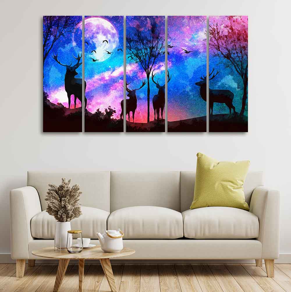 Deer Silhouette Colorful Sky Wall Painting of Five Pieces - Image 2
