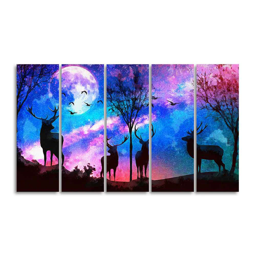 Deer Silhouette Colorful Sky Wall Painting of Five Pieces - Image 4