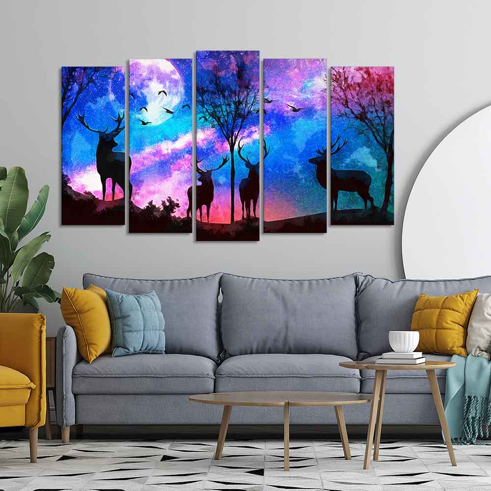 Deer Silhouette Colorful Sky Wall Painting of Five Pieces Set - Image 2