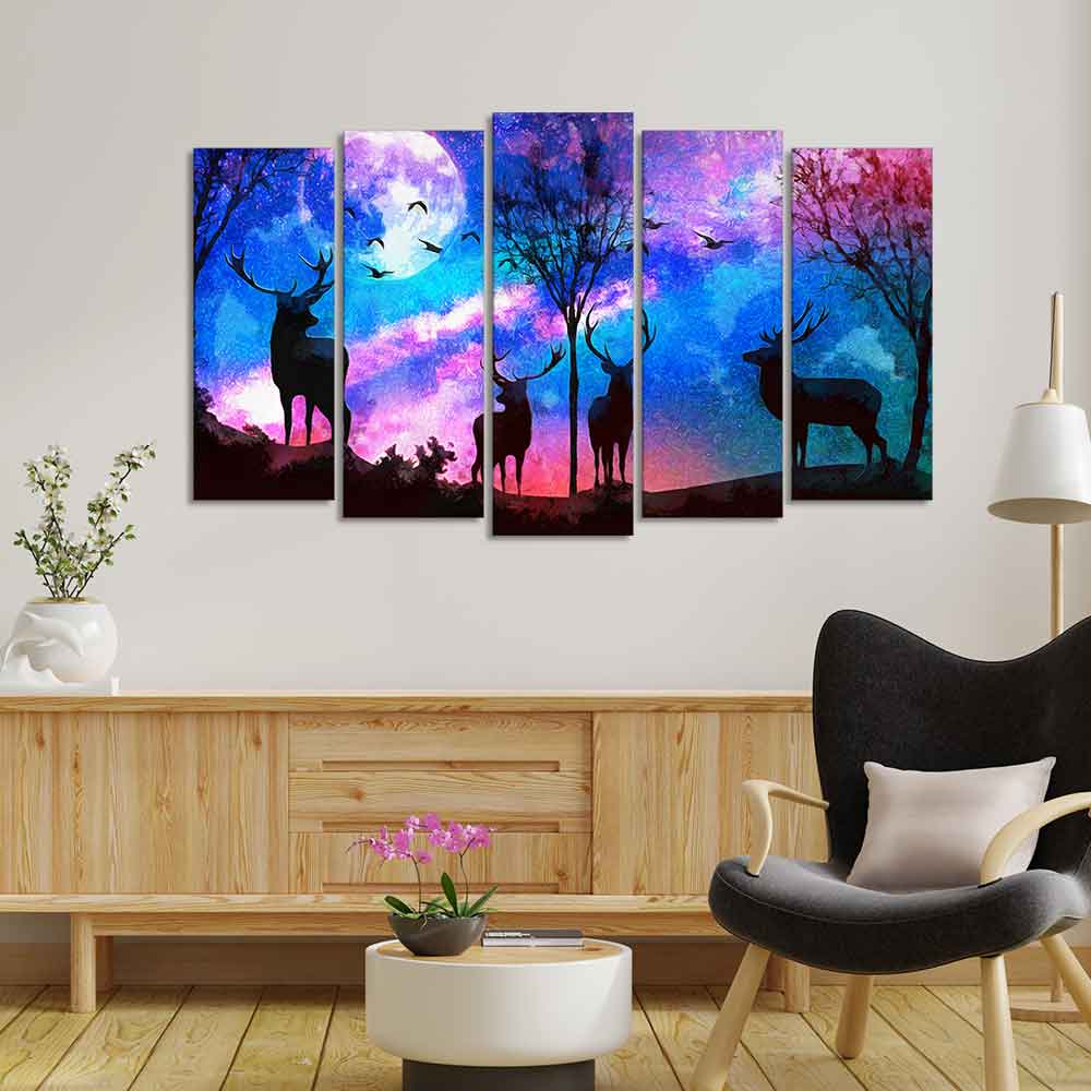Deer Silhouette Colorful Sky Wall Painting of Five Pieces Set - Image 3
