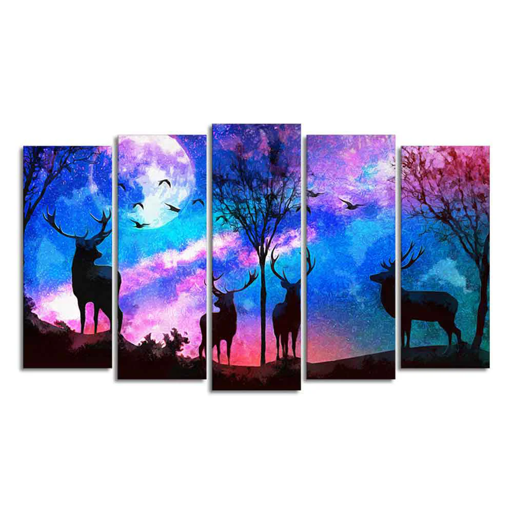 Deer Silhouette Colorful Sky Wall Painting of Five Pieces Set - Image 4