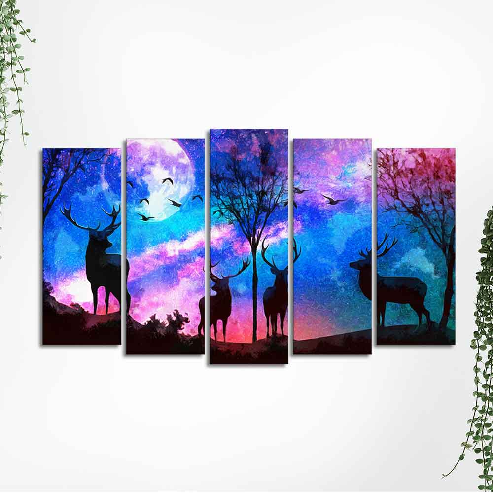 Deer Silhouette Colorful Sky Wall Painting of Five Pieces Set - Image 5