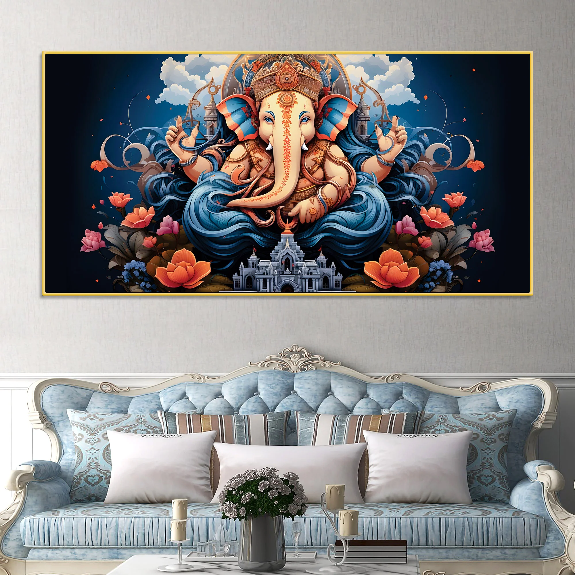 Depicting Huge Lord Shri Ganesha Temple Scene Artistic Canvas Wall Painting for Home & Office – Elegant Spiritual Wall Decor