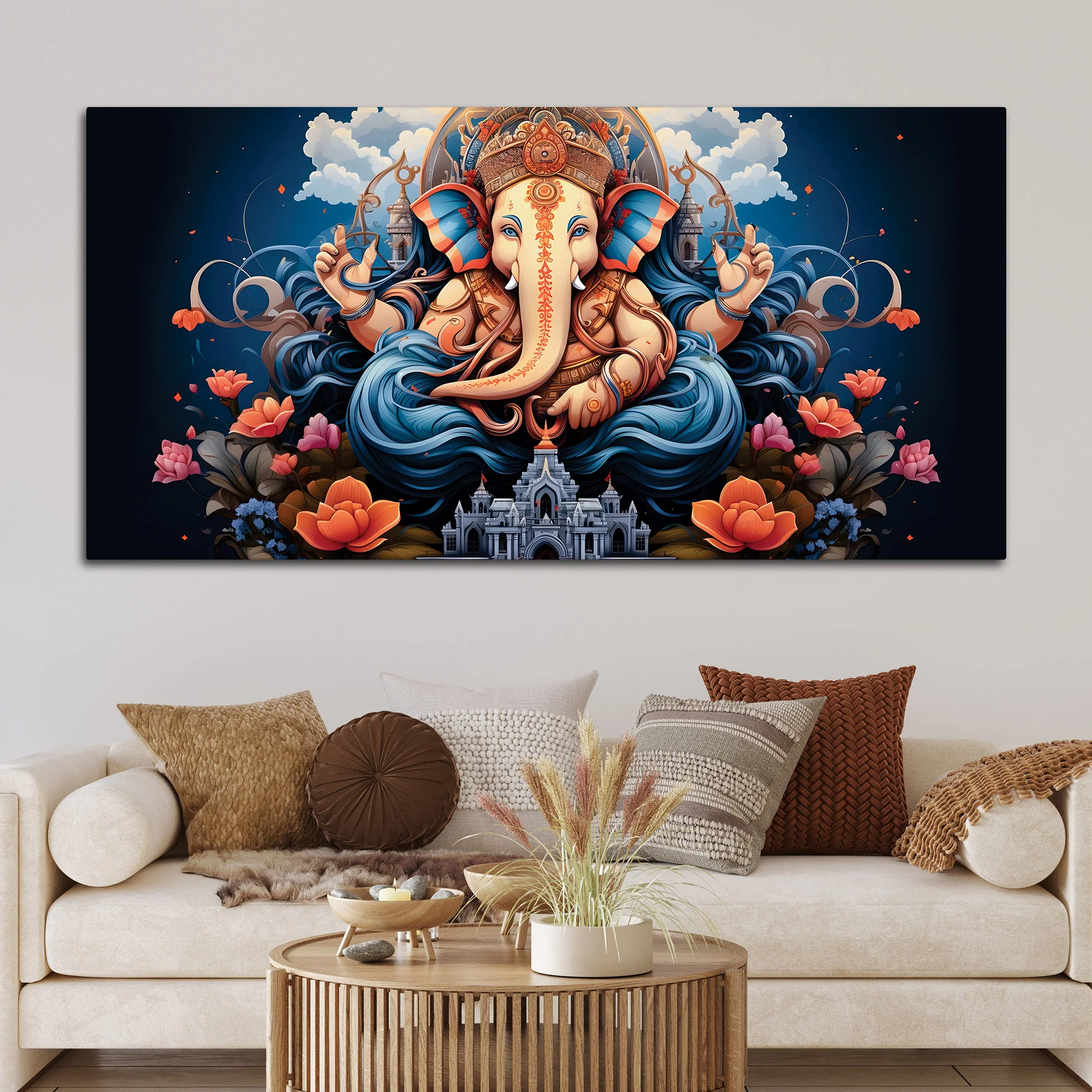 Depicting Huge Lord Shri Ganesha Temple Scene Artistic Canvas Wall Painting for Home & Office – Elegant Spiritual Wall Decor - Image 2
