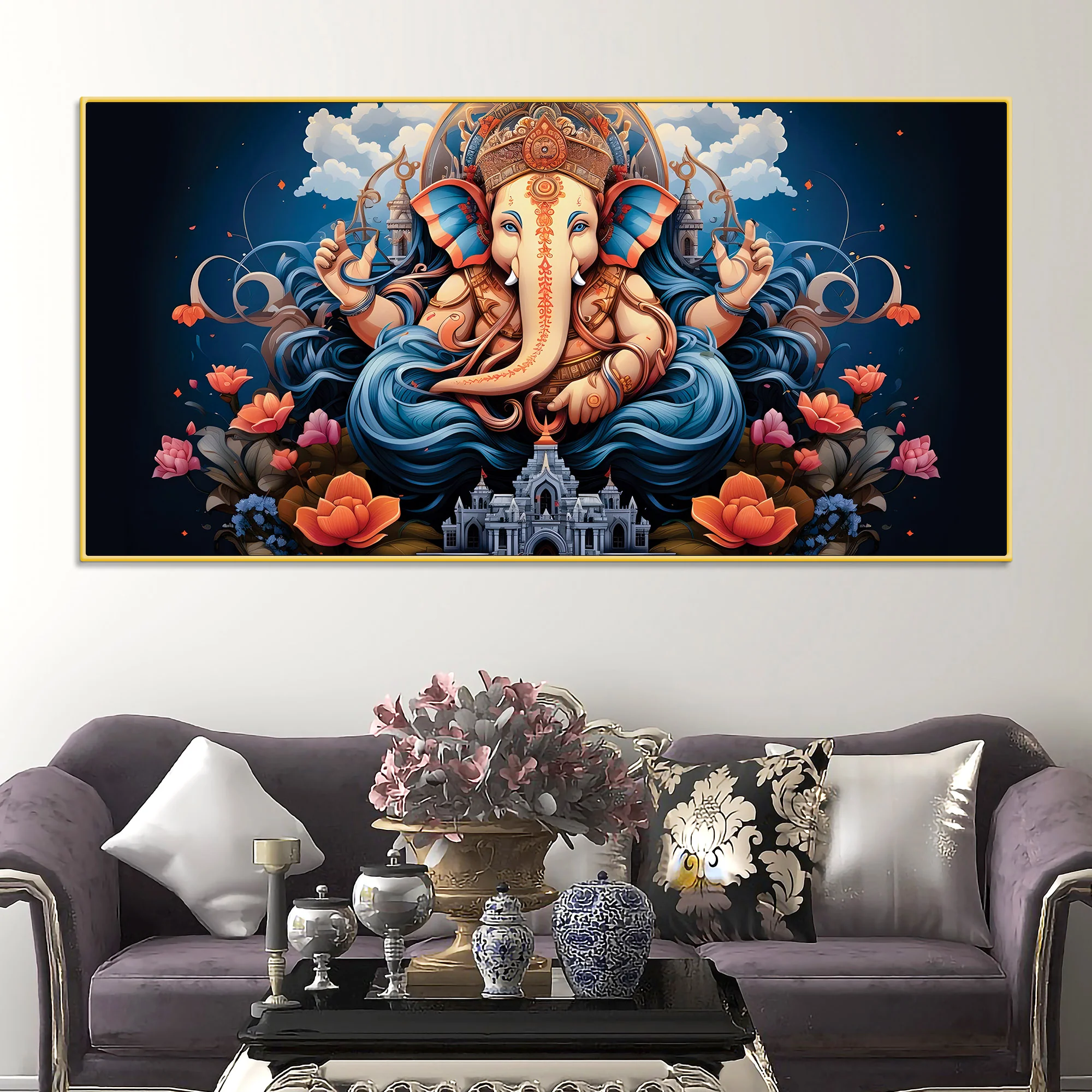 Depicting Huge Lord Shri Ganesha Temple Scene Artistic Canvas Wall Painting for Home & Office – Elegant Spiritual Wall Decor - Image 3