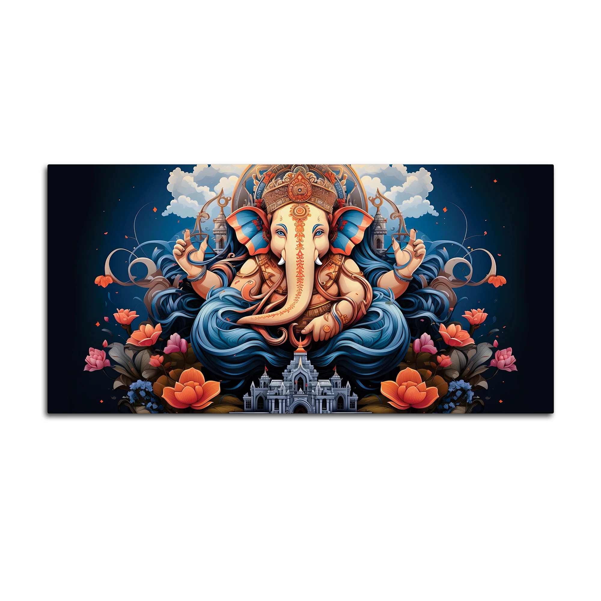 Depicting Huge Lord Shri Ganesha Temple Scene Artistic Canvas Wall Painting for Home & Office – Elegant Spiritual Wall Decor - Image 4