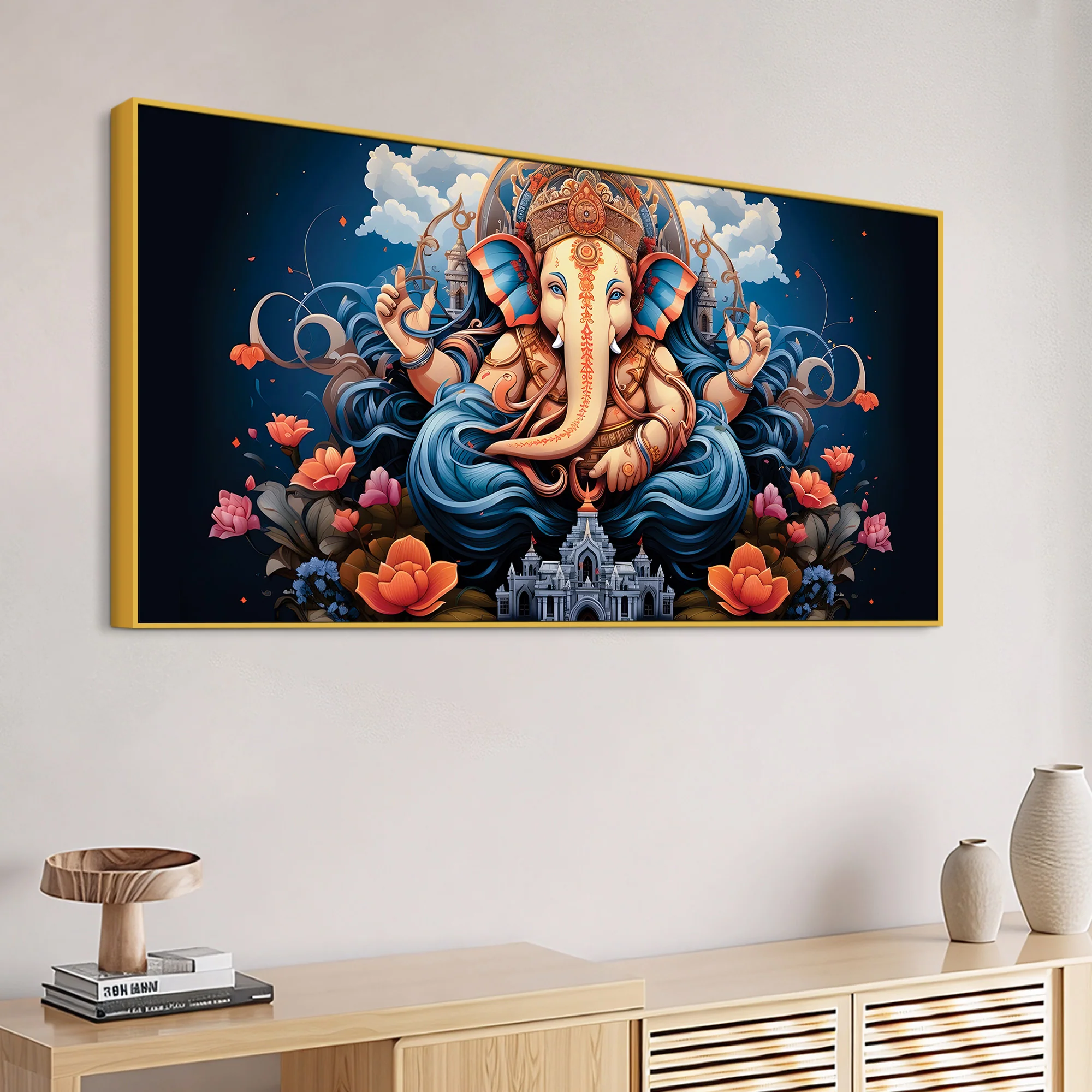 Depicting Huge Lord Shri Ganesha Temple Scene Artistic Canvas Wall Painting for Home & Office – Elegant Spiritual Wall Decor - Image 5