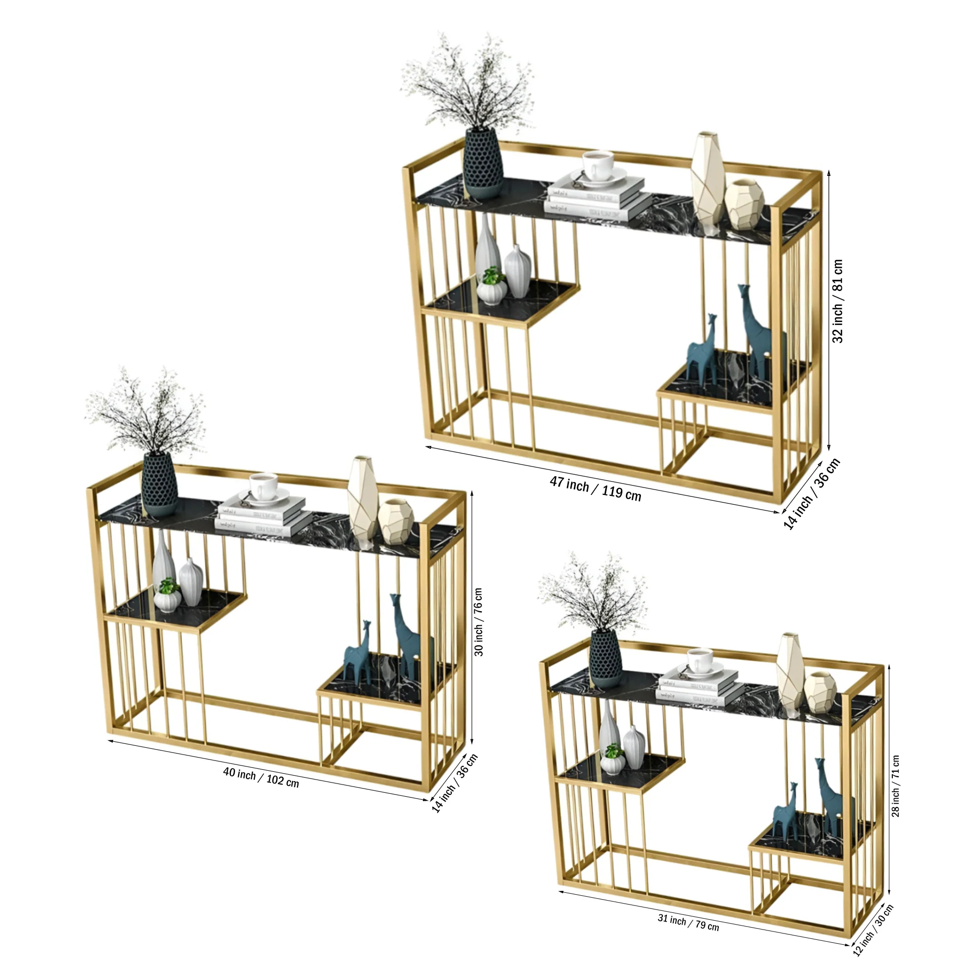 Designer 3-Tier Black Faux Marble Golden Console Table - Image 3