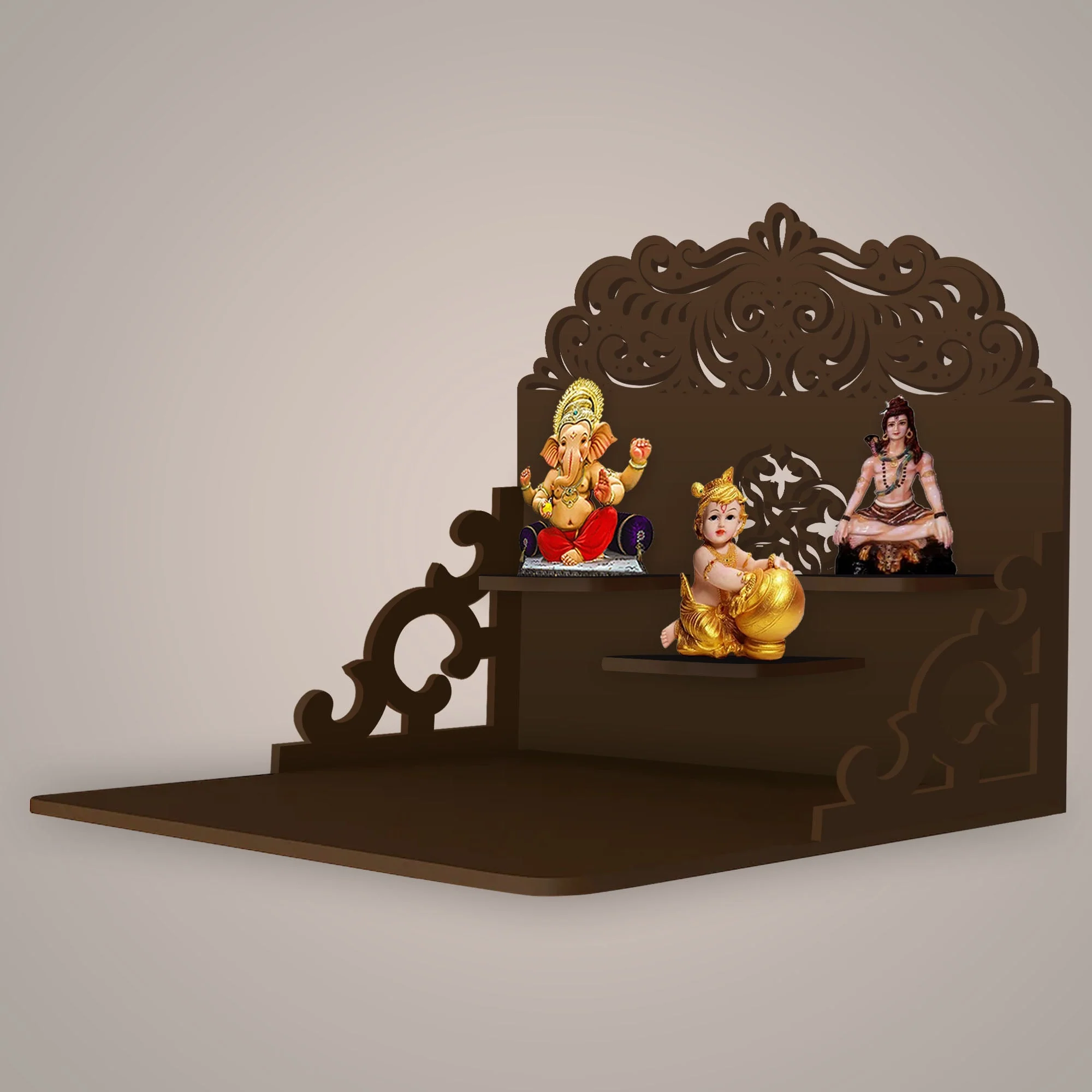 Designer Aesthetic Pattern Wall Hanging Wooden Temple/ Pooja Mandir Design with Shelf, Brown Color - Image 2
