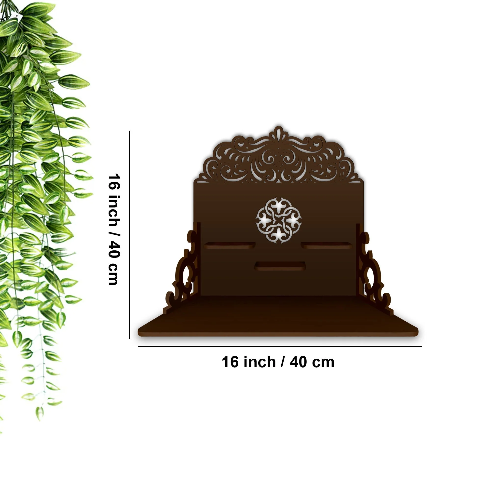 Designer Aesthetic Pattern Wall Hanging Wooden Temple/ Pooja Mandir Design with Shelf, Brown Color - Image 3
