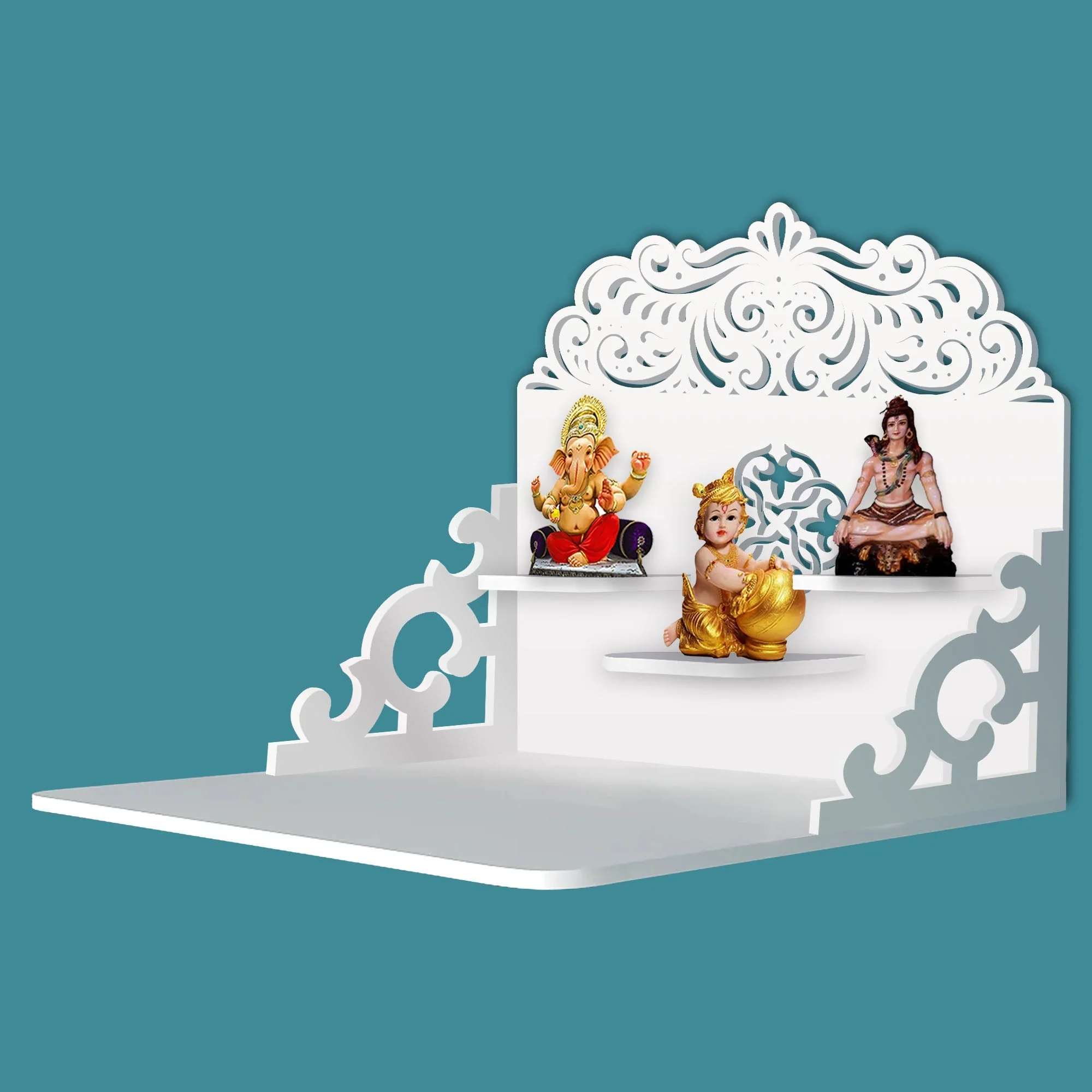Designer Aesthetic Pattern Wall Hanging Wooden Temple/ Pooja Mandir Design with Shelf, White Color - Image 2